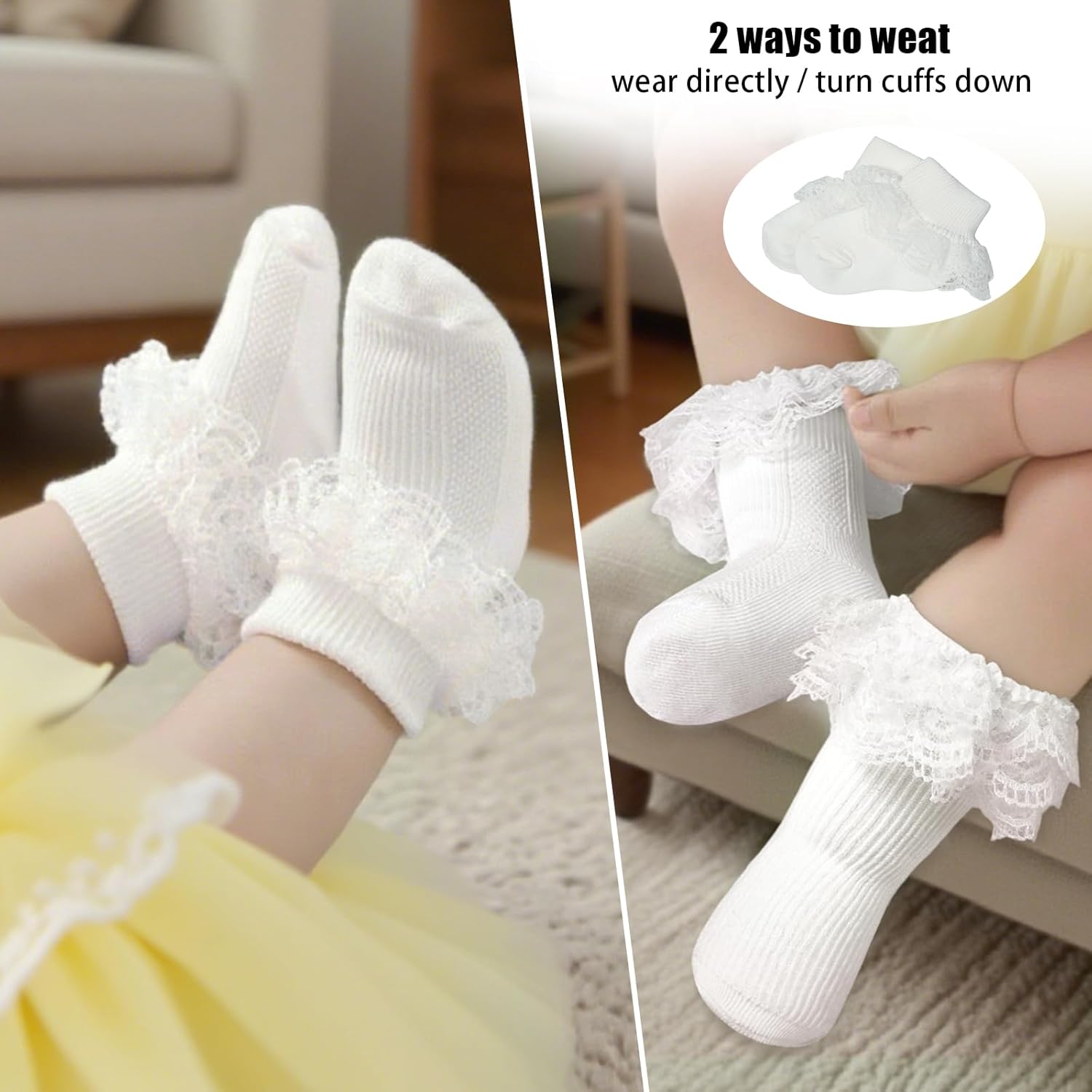 Methee Baby Girls Ruffle Socks, Infant Girls Double Lace Frilly Socks Newborn Spring and Autumn Thin Dress Turn Cuff Sock - Image 5