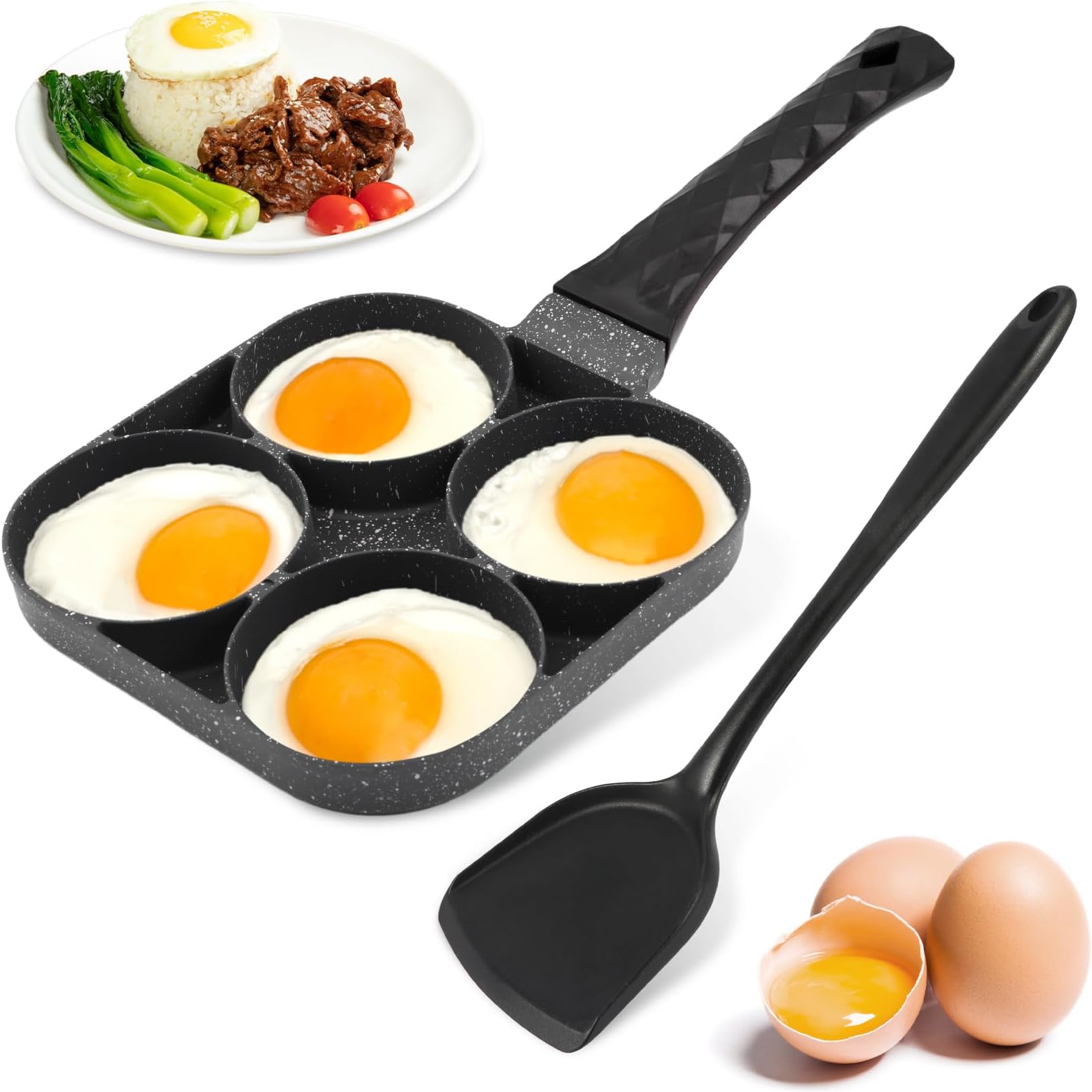 Just E Joy4-Cup Egg Frying Pan with Silicone Spatula, Aluminum Non Stick Egg Cooker Pan Mini Breakfast Egg Skillet for Gas Stove & Induction Cookware, Single Hole Diameter 3.4 inch/8.8cm(Black)