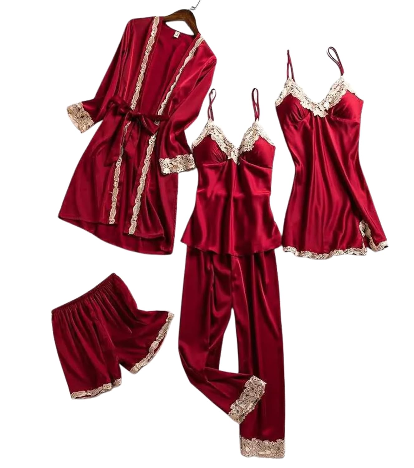 Women’s Satin Lace Nightwear Set – 5 Piece Silk Satin Pajama Set-Cami Top, Shorts, Pajama Pants & Robe, Luxury Sleepwear Loungewear Set with Lace Trim Nightdress Women’s Satin Lace Nightwear Set – 5 Piece Silk Satin Pajama Set-Cami Top, Shorts, Pajama Pants & Robe, Luxury Sleepwear Loungewear Set with Lace Trim Nightdress