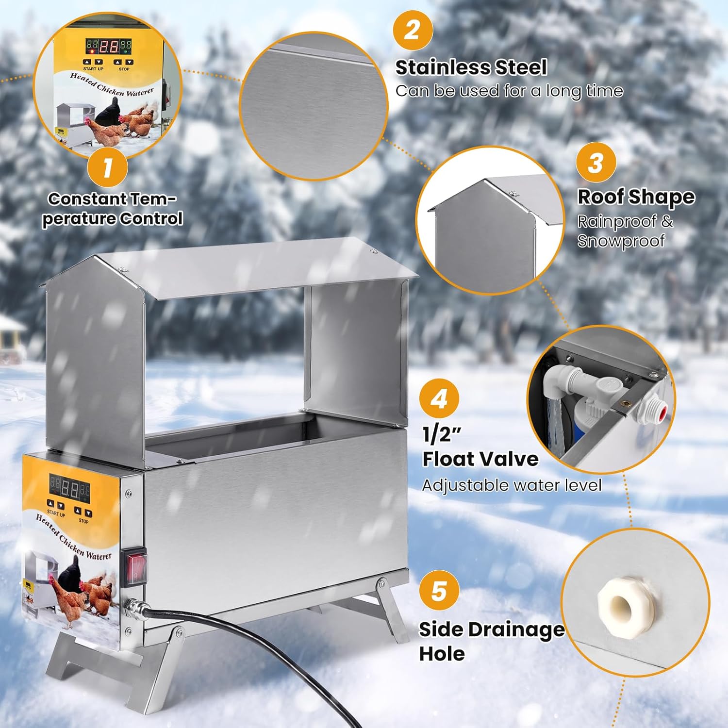1.5 Gallon Heated Chicken Waterer Automatic Chicken Water Heater for Winter, Freeze Proof Poultry Drinker Watering System