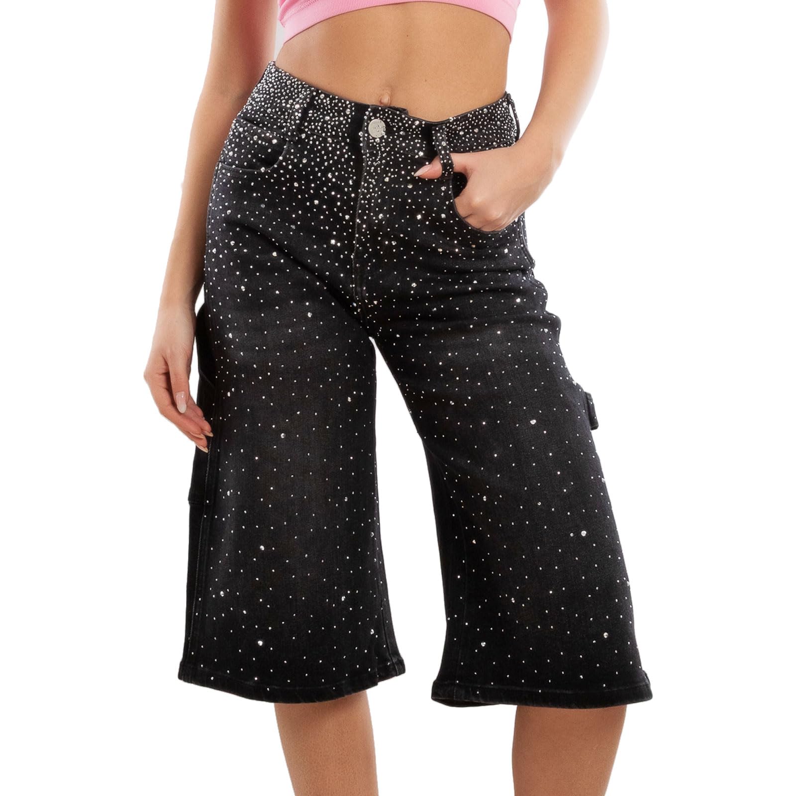 Toocool Bermuda Jeans Donna al Ginocchio Strass Pantaloni Denim Gamba Larga Taglio Carpenter Vita Alta Shorts Streetwear LM762