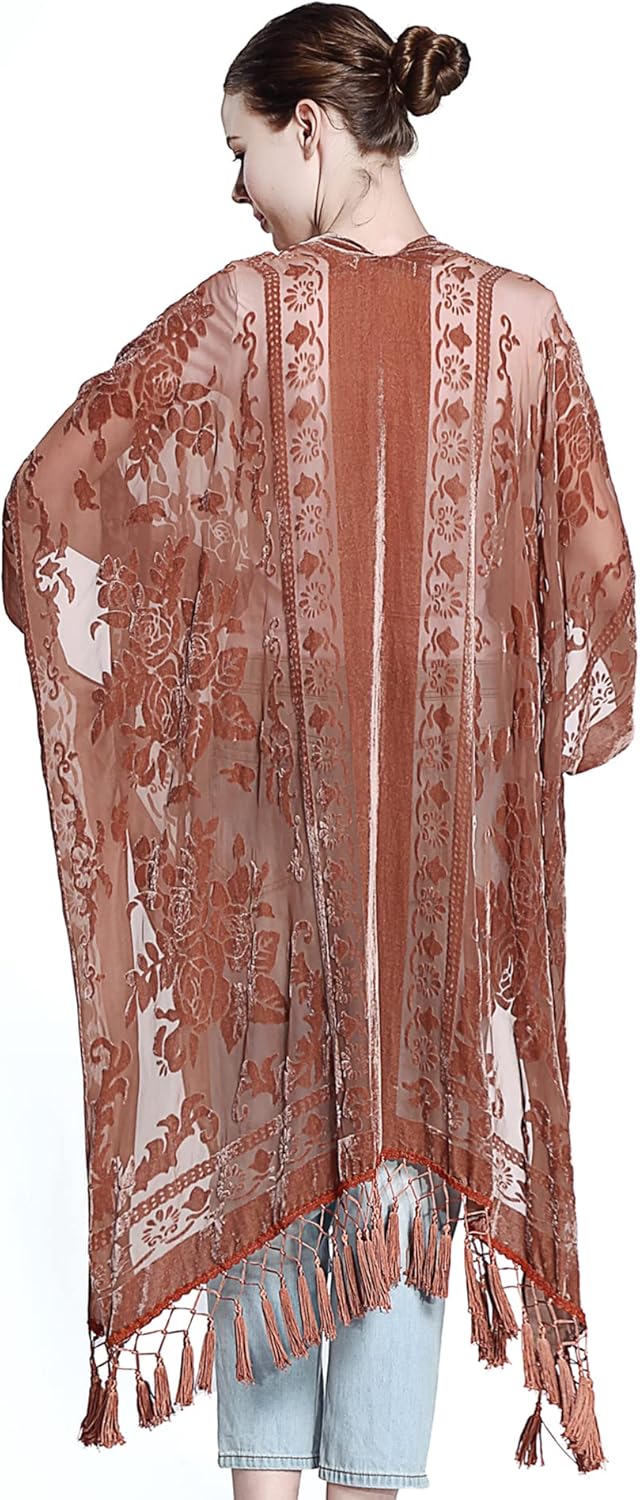Women's Burnout Velvet Kimono Long Cardigan Cover Up With Tassel - Image 4