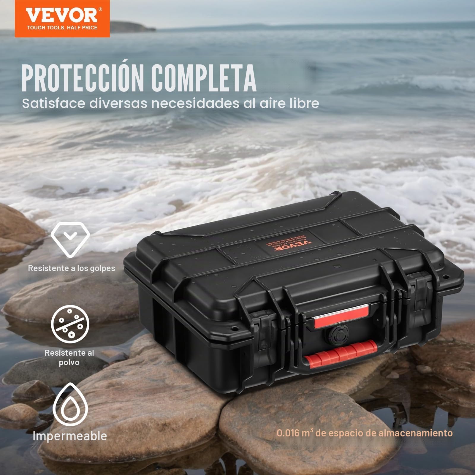 VEVOR Estuche Rígido Resistente a la Intemperie de 380 x 300 x 140 mm, Estuche Protector Resistente con Espuma Precortada y Asas Retráctiles para Viajes, Caza, Uso Militar, Táctico, IP67, Negro