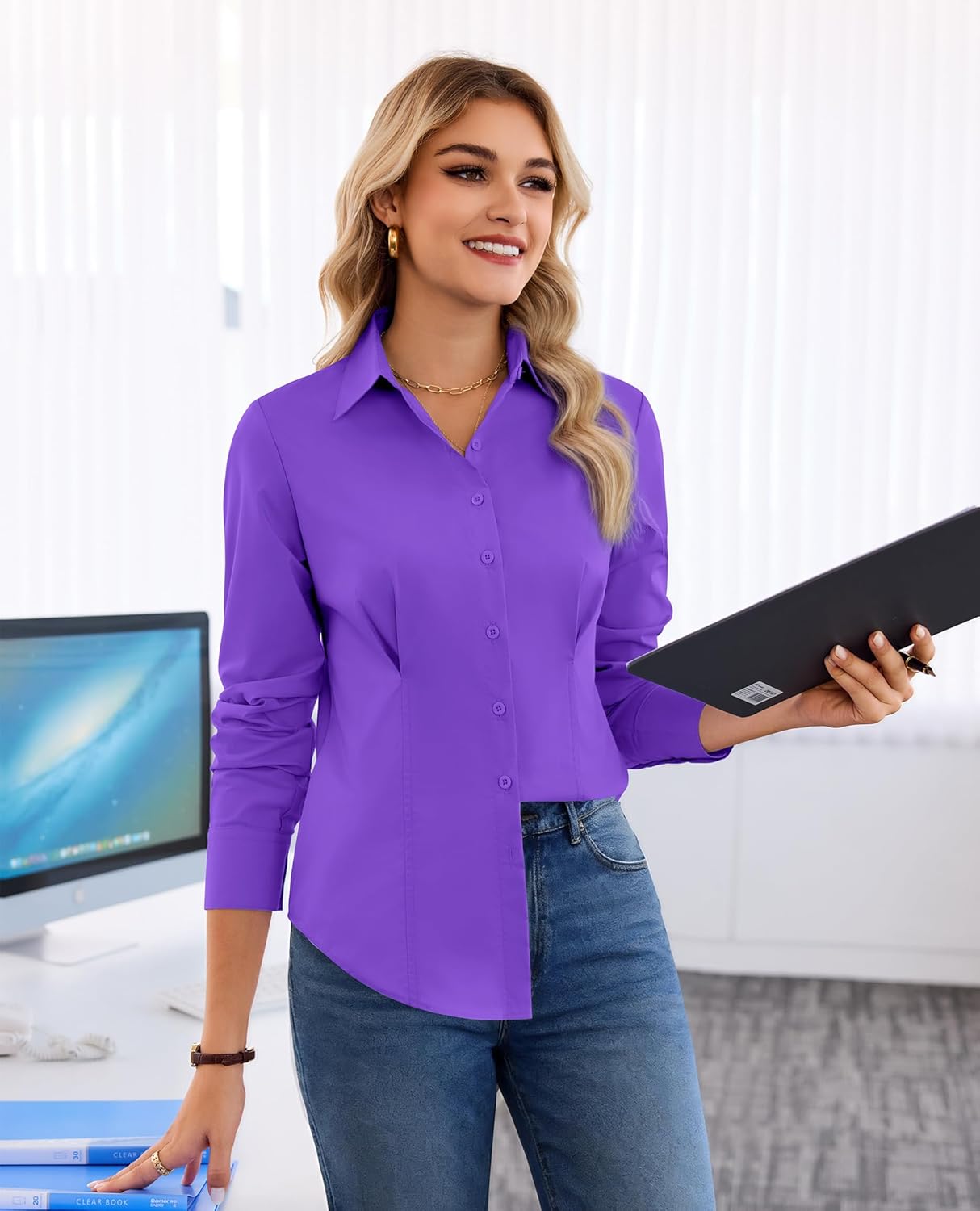 Womens Button Down Shirt Long Sleeve V Neck Classic Collared Button Up Shirt Women Work Business Formal Casual - Image 2