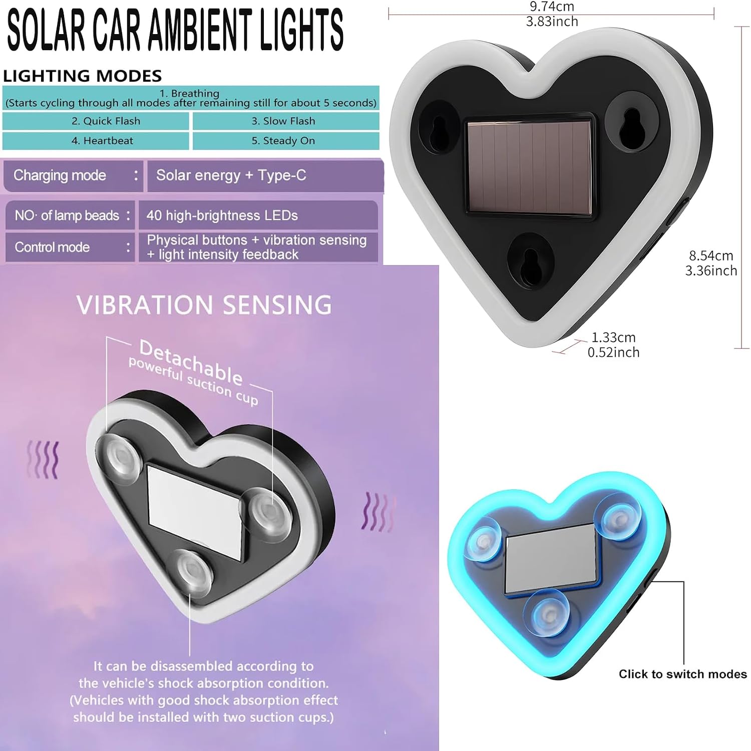 Solar Heart LED Atmosphere Light,Vibration Sensing LED Neon Ambient Lighting Waterproof Romantic Mood Love Illumination for Car Triangle Window Decoration (Ice Blue, 1pcs) image 3