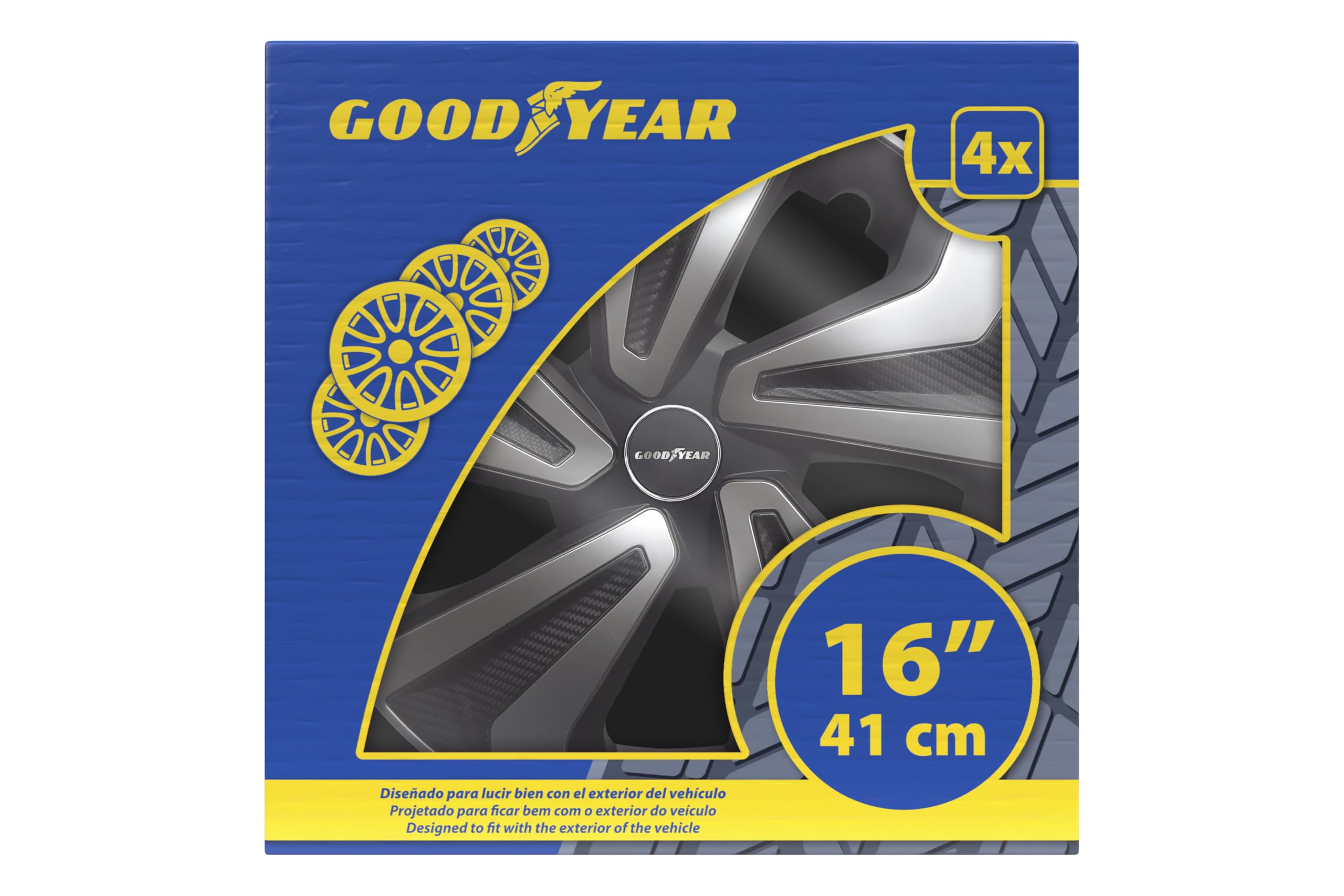 Goodyear Jeu de 4 enjoliveurs de 16 Pouces modèle Montréal Noir/Argent. Design Sportif Qui s'harmonise Bien avec l'extérieur du véhicule. Construction Robuste et Durable.