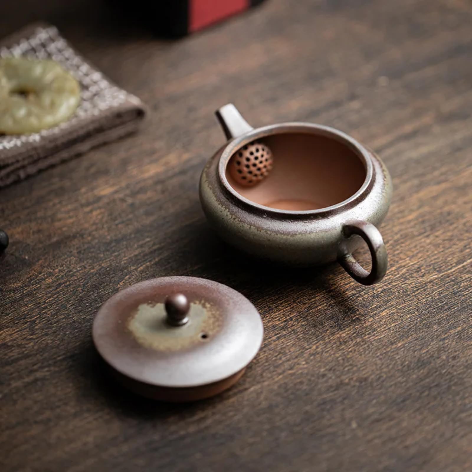 Old Rock Mud - Tetera plana de cerámica retro china, 100 ml, 3.3 onzas, juego de té Kung Fu, tetera con filtro de agujero de bola
