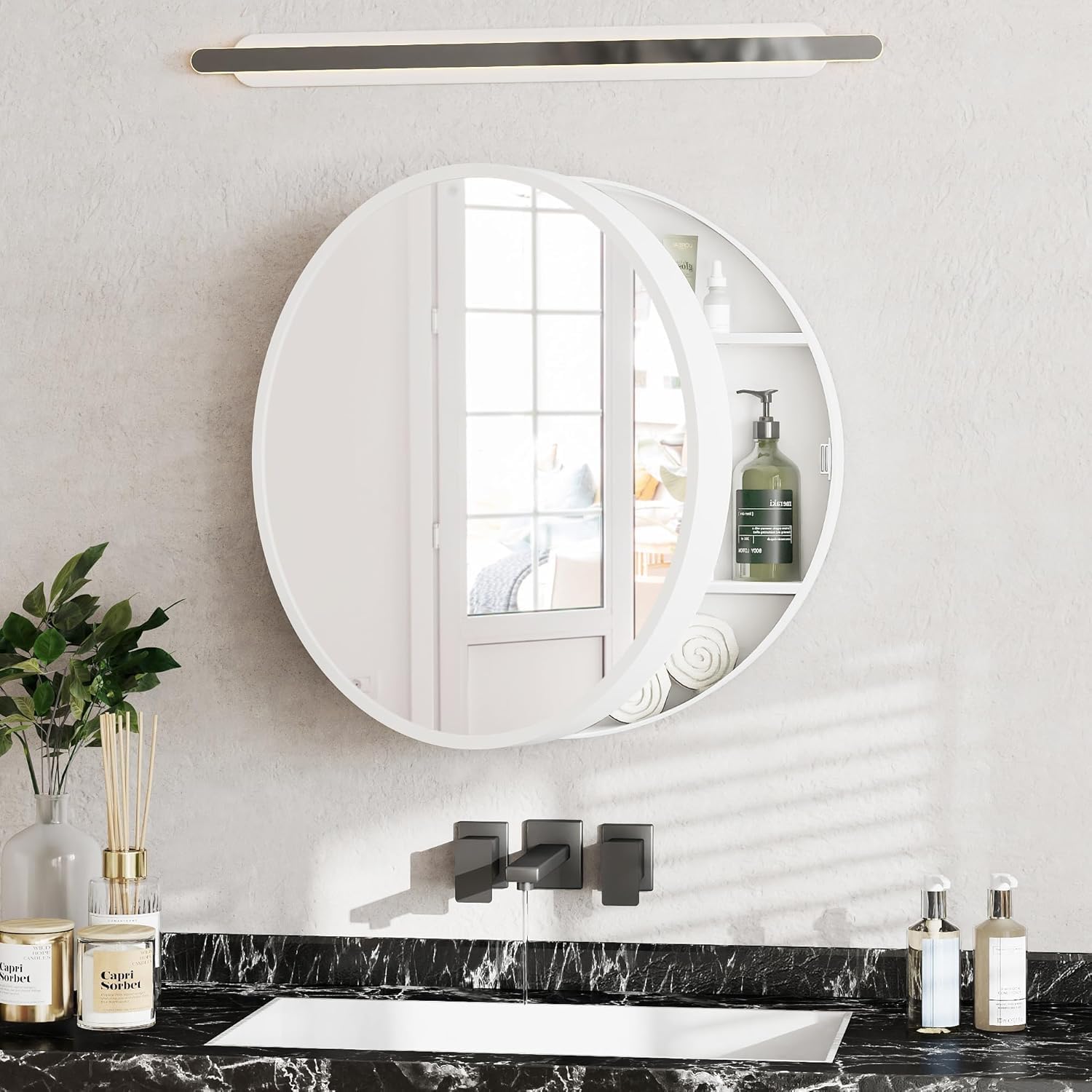 iSTAR Round Mirror Cabinet with Storage Shelf | Bathroom Wall Mounted Mirror with Hidden Cabinet Organizer | Modern Wall M...