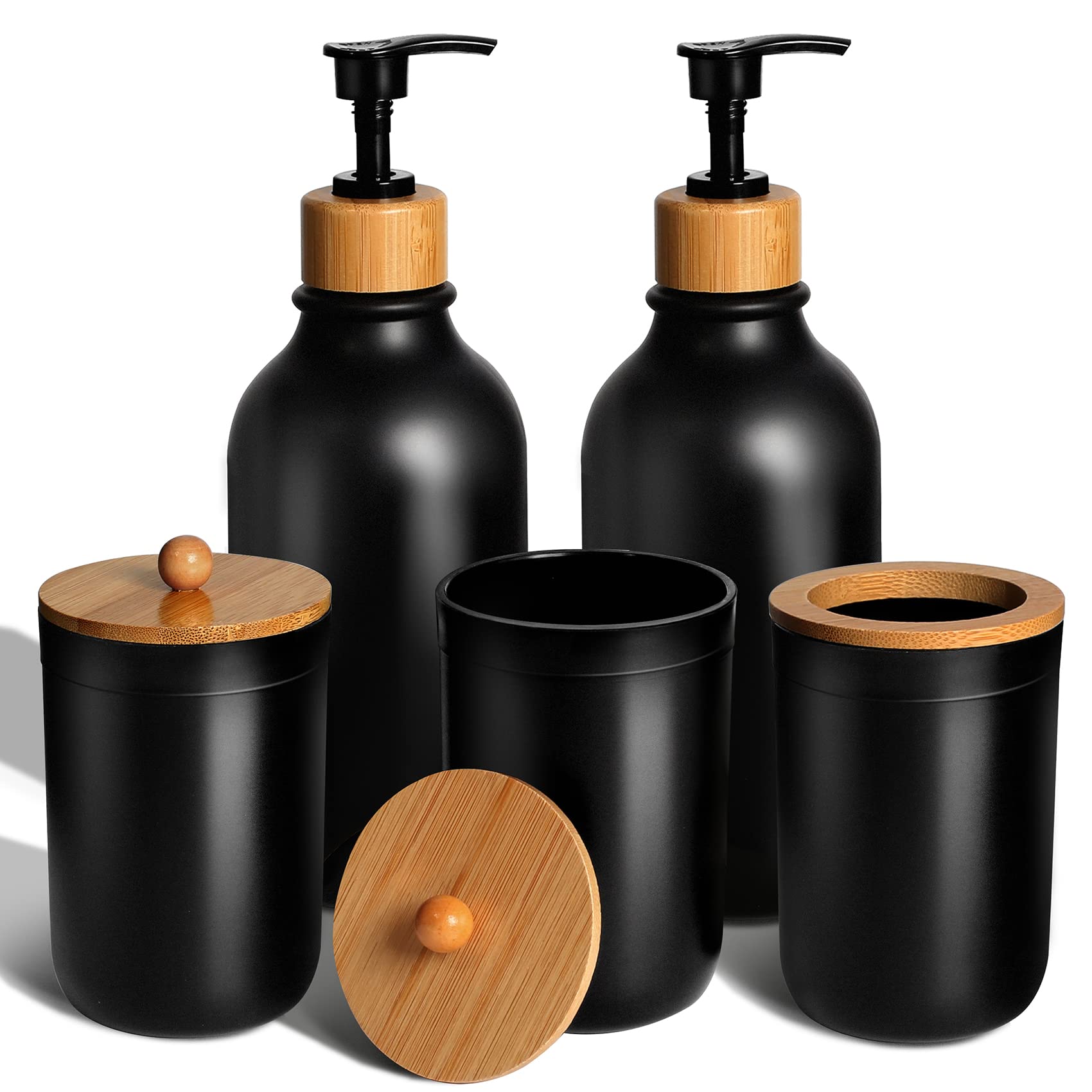 GMISUN Black Bathroom Accessories Set 5 Pcs, Matte Black Bathroom Accessories, Soap Dispenser and Toothbrush Holder Set, Qtip & Cotton Ball Holder, Boho Bathroom Decor, Black Bathroom Set