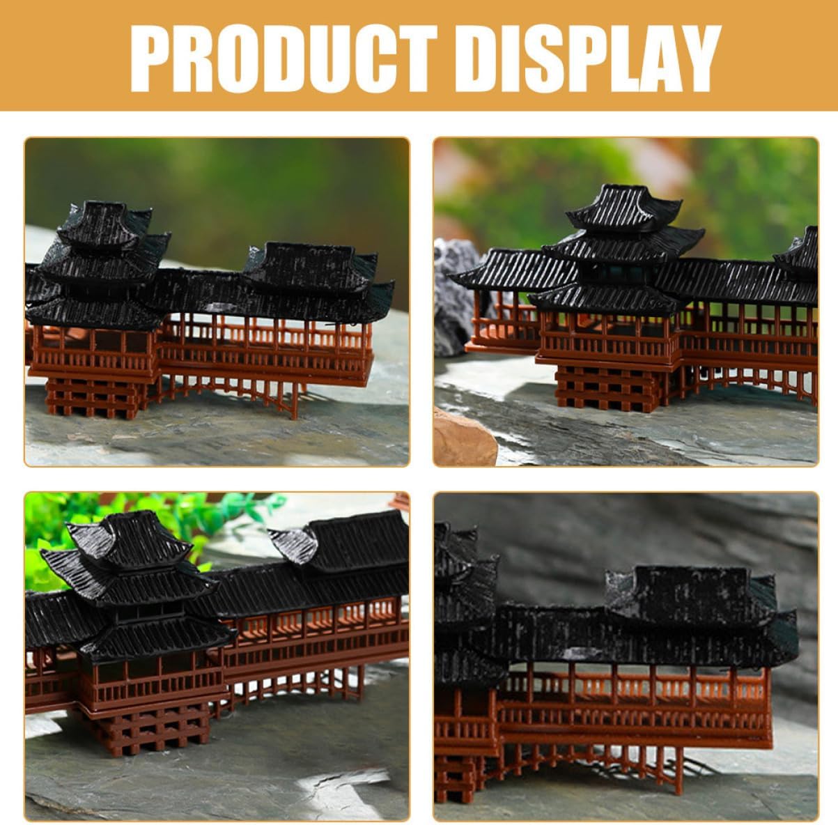 Miniature Japanese Garden Pavilion Bridge Landscape Ornament for Fish Tank Decor Traditional Chinese Architecture Design Weather-Resistant Plastic