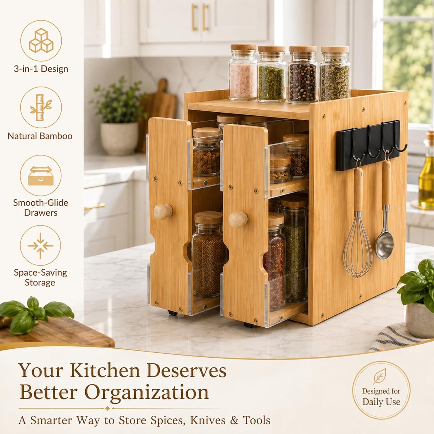 Pull Out Spice Rack Organizer for Cabinet, Bamboo 2-Tier Double Slide Out Spice Organizer, Countertop Spice Cabinet Organizer for Kitchen Seasoning Storage, Space Saving