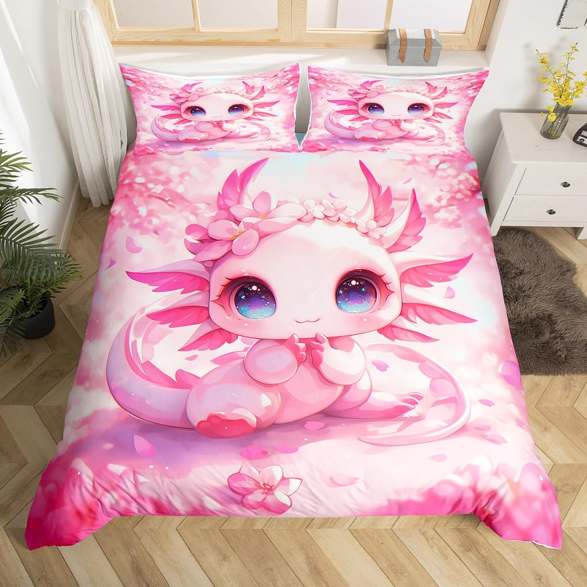 Homewish Kids Kawaii Axolotl Bedding Set Double Cartoon Sea Creature Comforter Cover Pink Cherry Blossoms Duvet Cover Wildlife Animals Reptile Bed Cover For Kids Girls Boys Bedroom Decor - Image 2