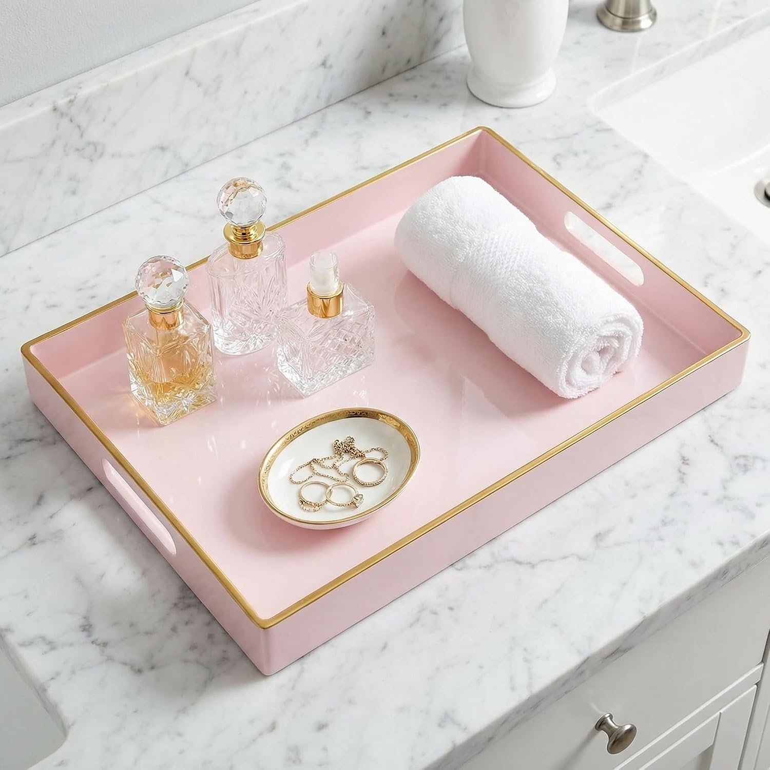 Pink Serving Tray with Handles, Rectangular Decorative Tray for Coffee Table, Plastic Ottoman Tray for Living Room, Bathroom, Kitchen Tabletop, 15.6”x 10.2”x1.37”