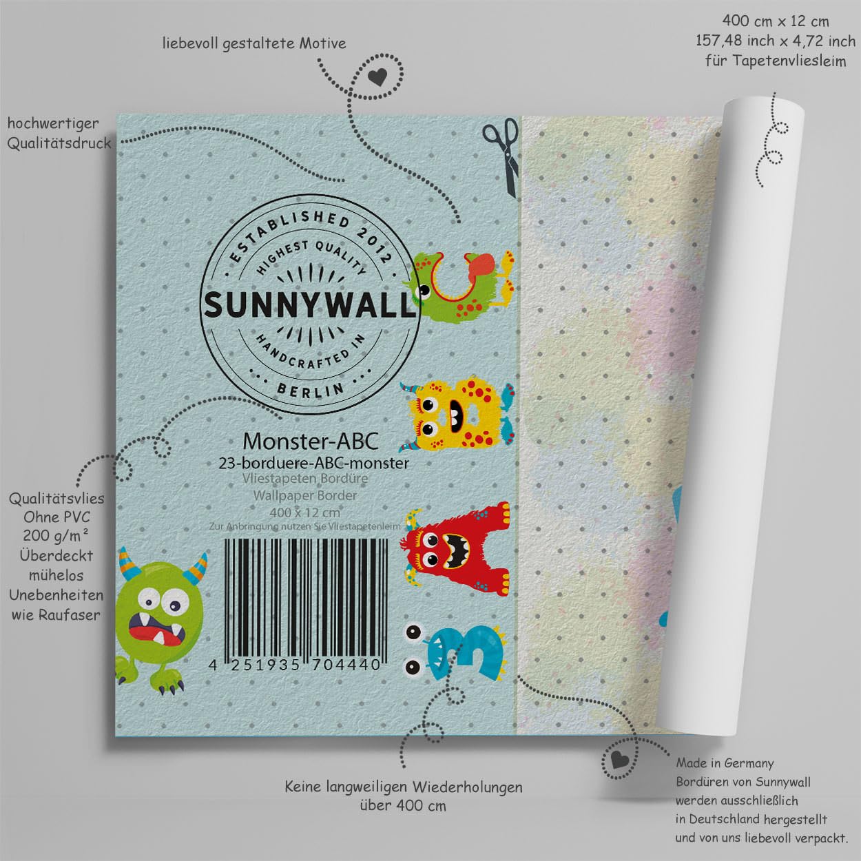Wandbordüre Monster Tapetenbordüre Vlies Kinderzimmer 400x12 cm | Monster Bordüre aus Tapetenvlies für Kinderzimmer Babyzimmer Spielzimmer einfach mit Vliestapetenkleister anbringbar