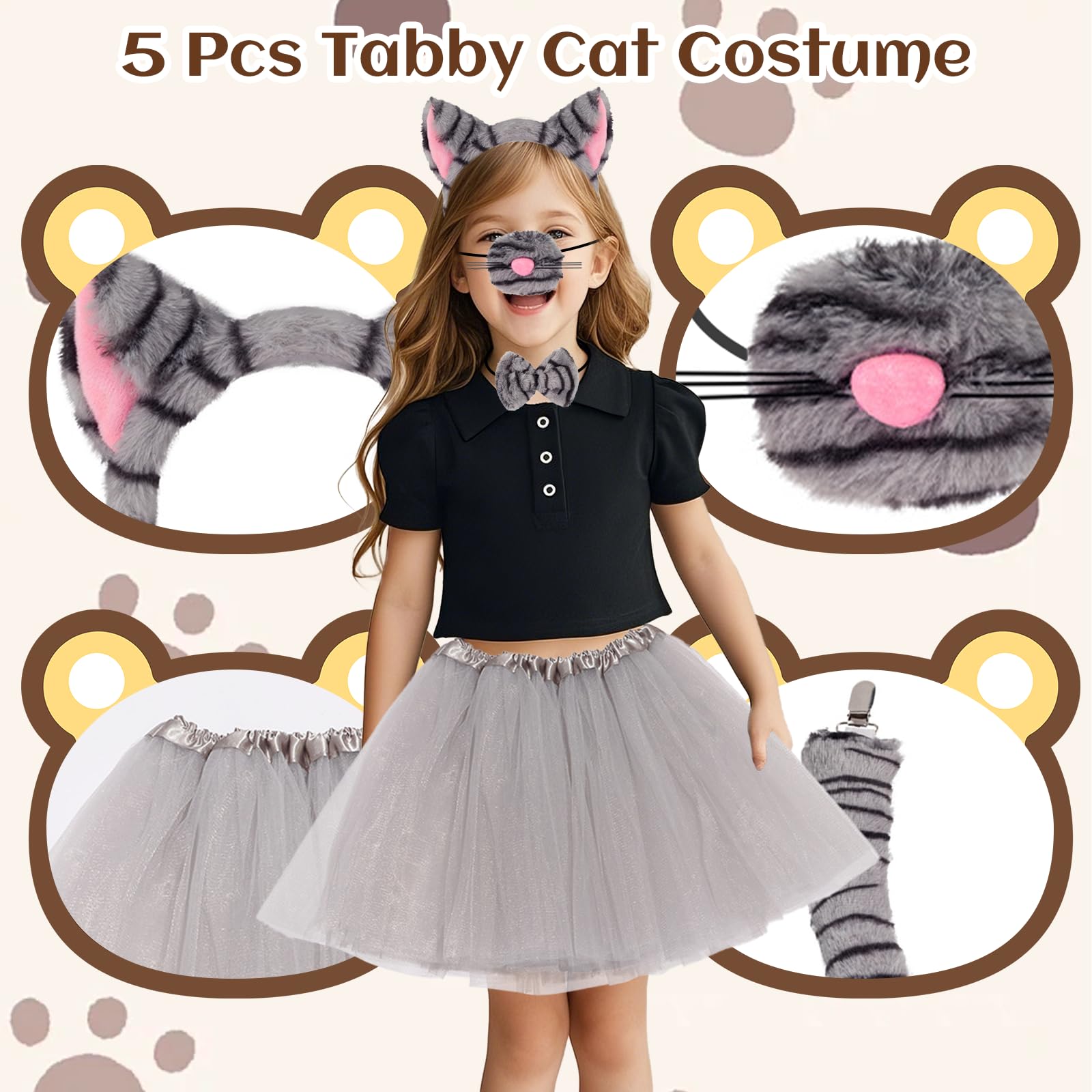 Xerteam 5 Pcs Tabby Cat Costume Accessories for Girls Grey Cat Costume with Headband Nose Bow Tie Tutu Skirt Tail - Image 3