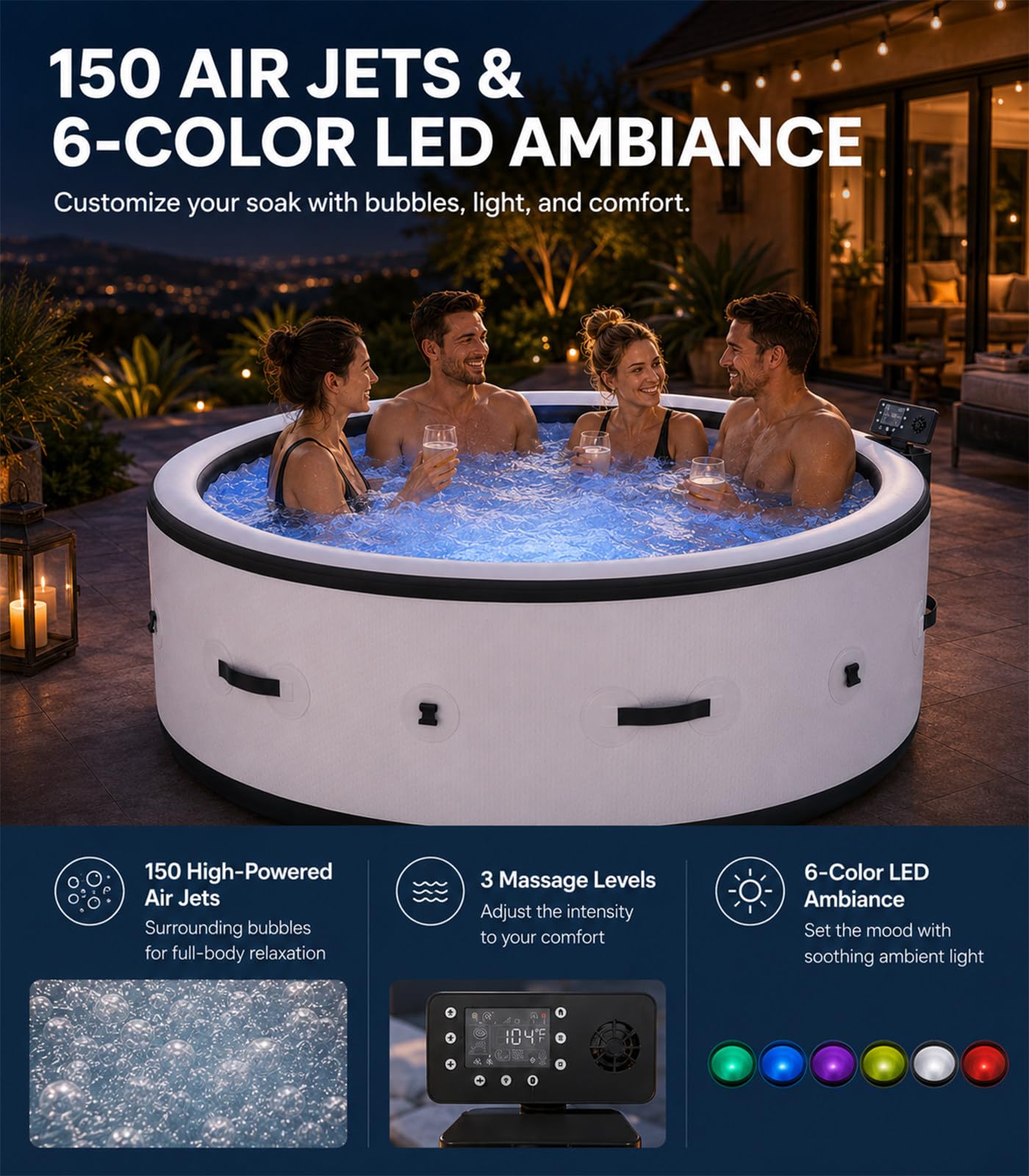 Spa Gonflable Chauffant 150 Jets et LED pour Jardin