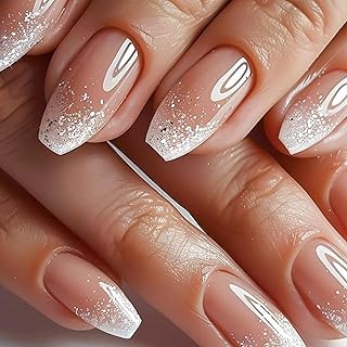 Ceboic 24 Stück French Press on Nails Mittellang Sarg, Natürlich Nägel zum Aufkleben Rosa Ballett Glitzer Kunstnägel Künstliche Nägel, Selbstklebende Acryl Fingernägel Fake Nails für Frauen Mädchen