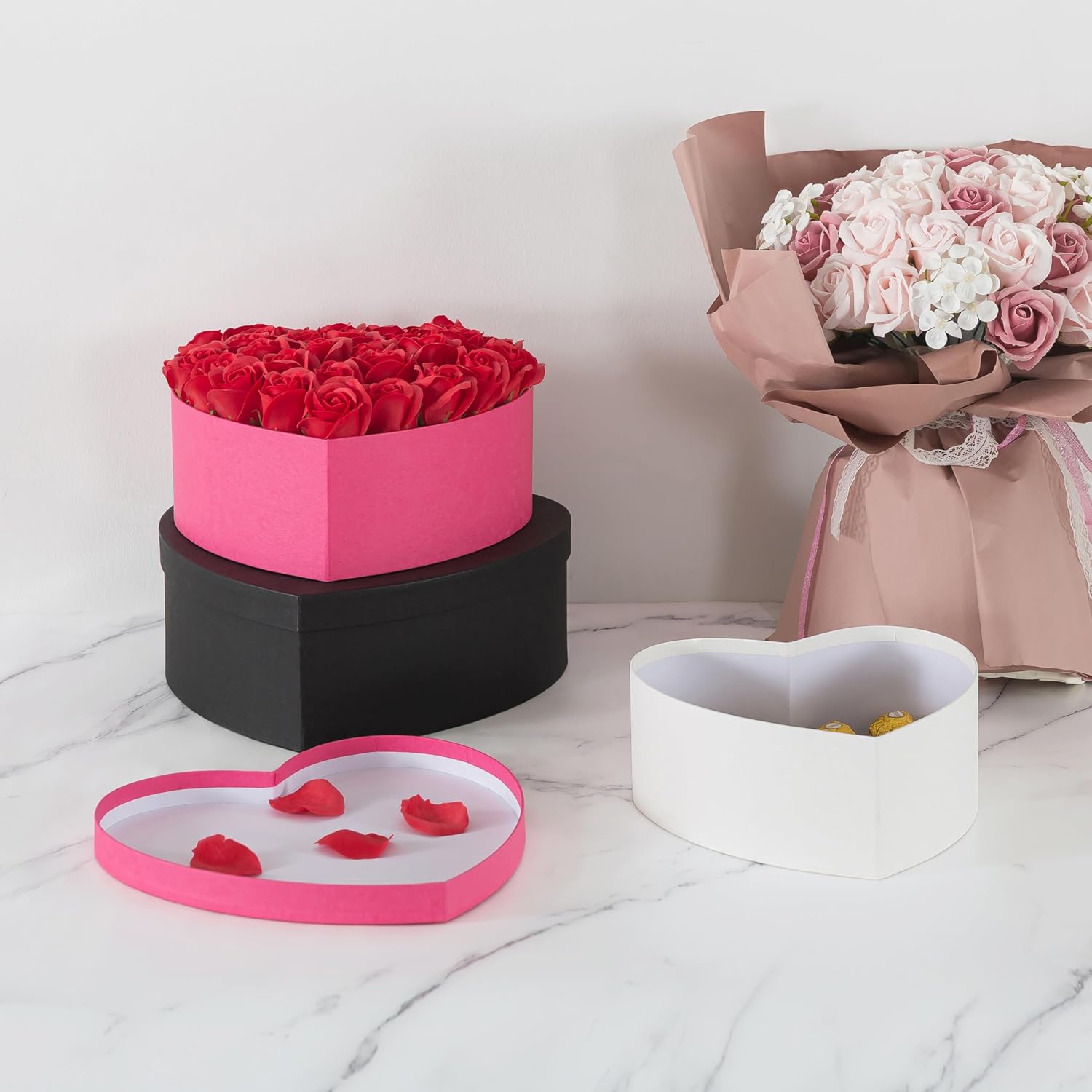 Soul & Lane Heart Shaped Gift Boxes: Set of 3 Empty Paper Mache Boxes with Lids for Flowers, Gifts, Chocolate Strawberries & Special Occasions, Cardboard Black Heart Shaped Box for Arrangements - Image 7