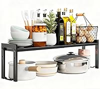 Urhomeyplus Expandable Cabinet Shelf Organizer 16-26" Stackable Kitchen Counter Shelf Rack 7.9"D Black Metal Riser