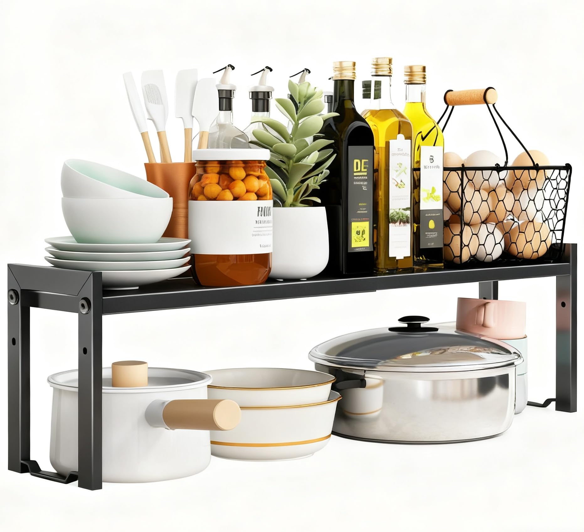 Expandable Cabinet Shelf Organizer 16-26" L Stackable Kitchen Counter Shelf Rack Sink Riser Countertop Storage Black (Normal 7.9”D)