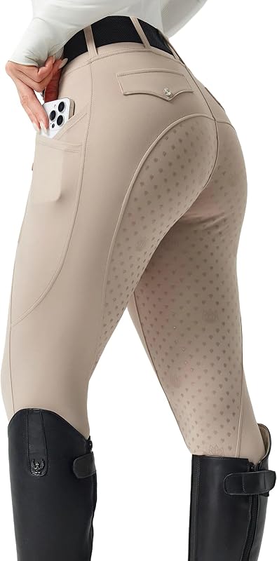 FitsT4 Sports Pantalones de equitación para mujer, pantalones ecuestres de asiento completo, mallas de equitación de cintura alta con bolsillos