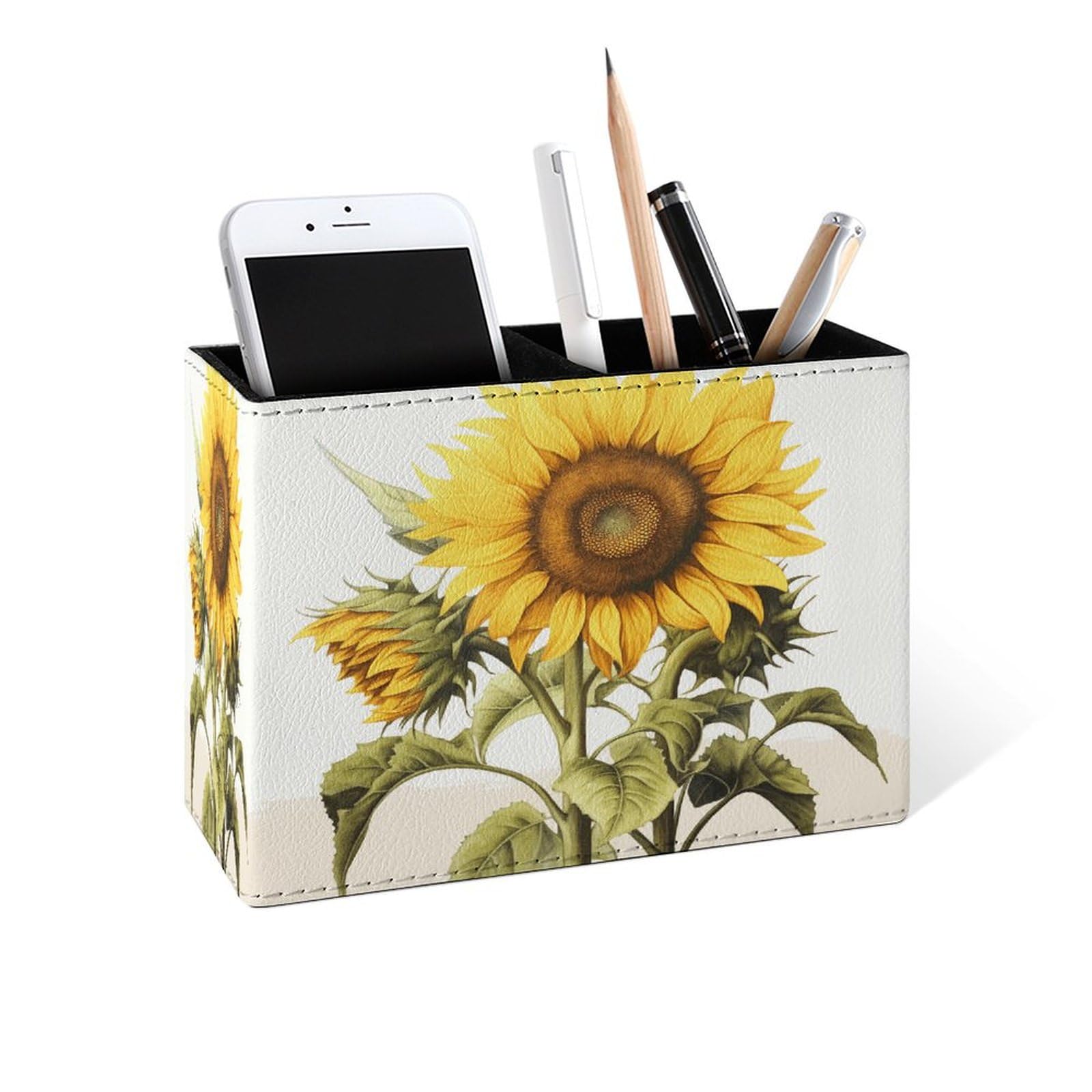 Famame Large Sunflower with Leaves Pencil Holder for Desk, Leather Desktop Container Pen Cup Storage Study Table Pen Organizer Makeup Brush Holder for