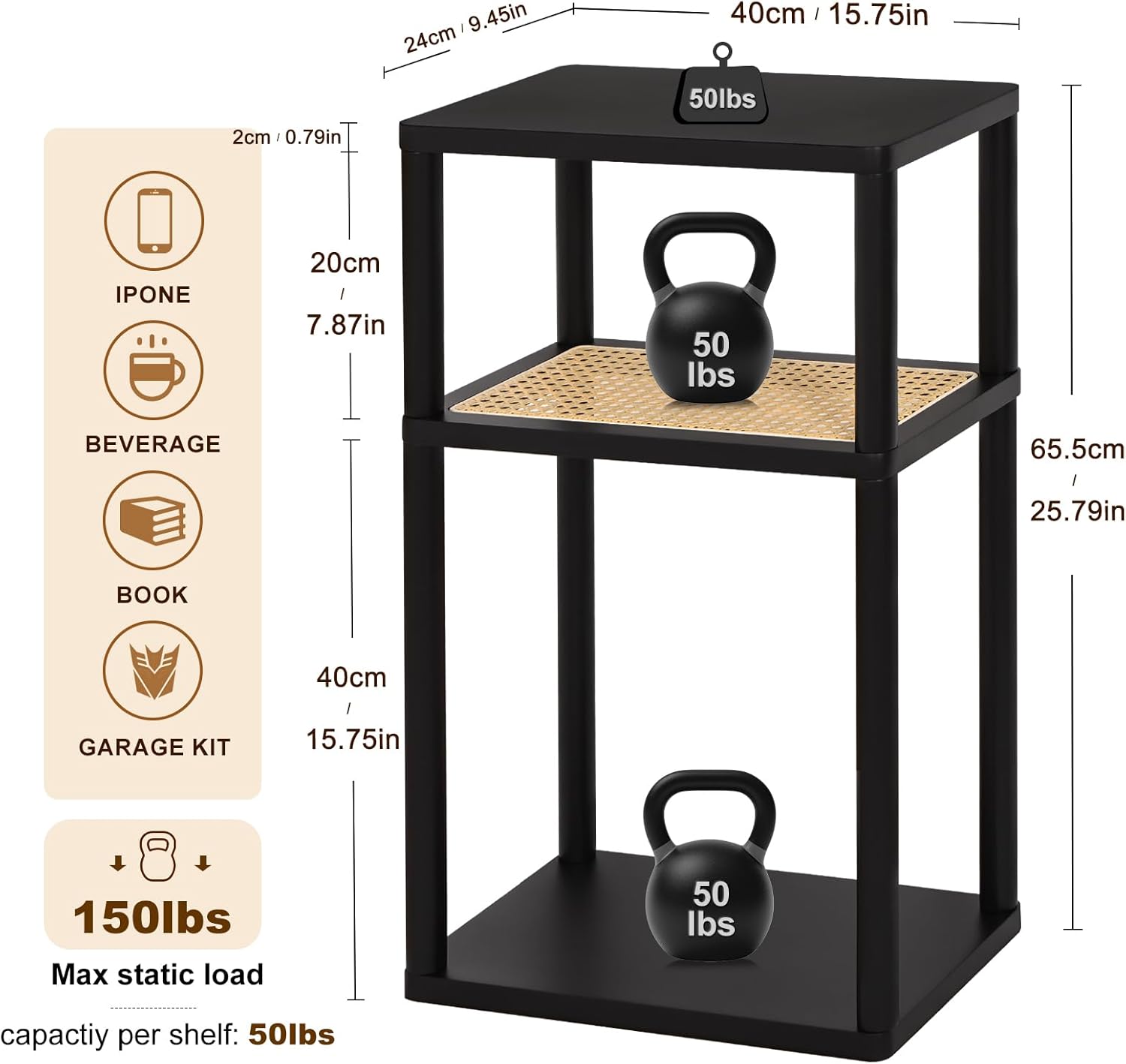 YGYQZ Rattan Side Table, Narrow End Table for Couch, Tall Nightstand for Small Space，Slim Night Stand with Storge, Living Room, Bedroom, Office,Modren,Black