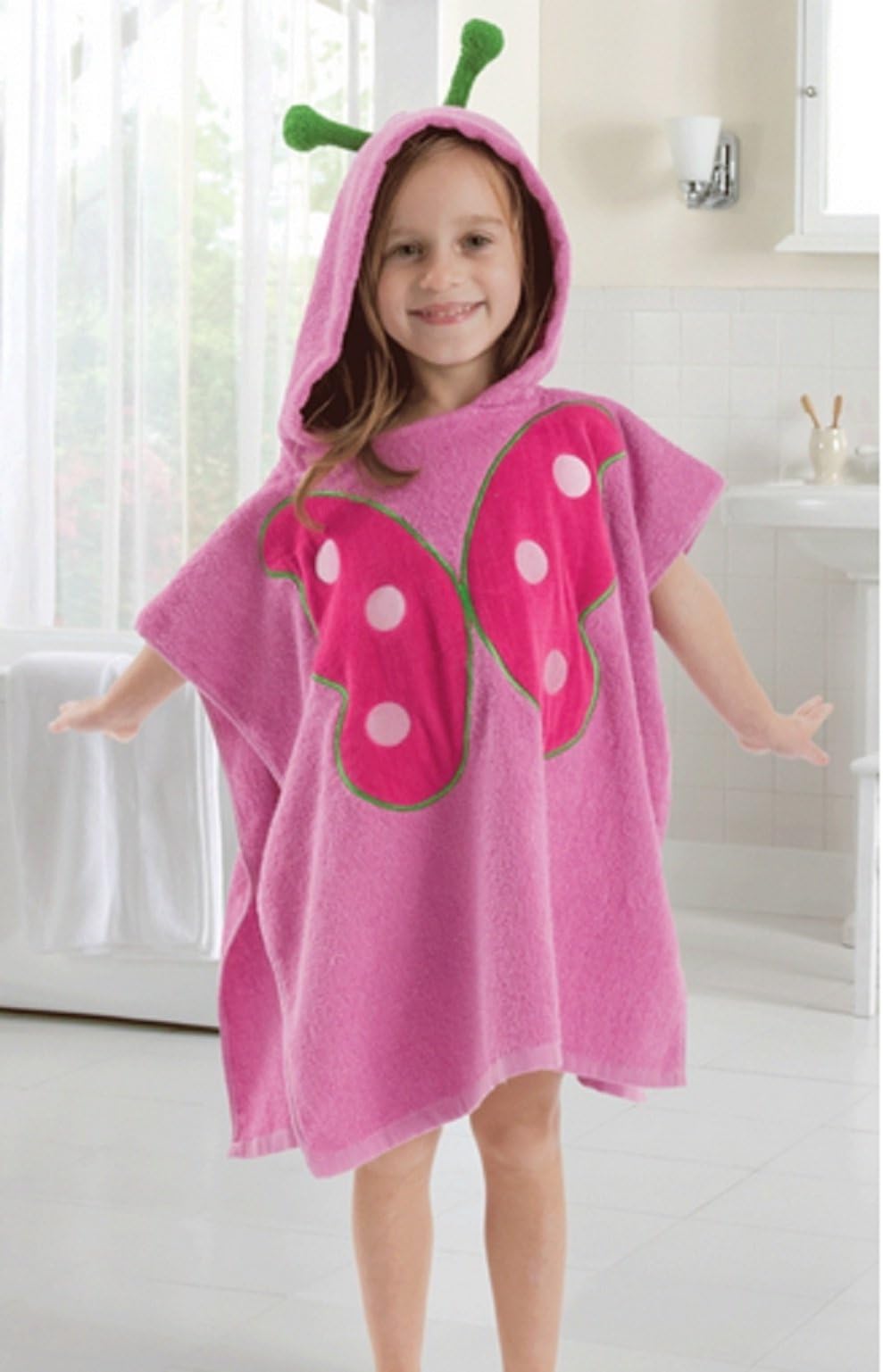 Cute Butterfly Face Pink Hooded Bath Beach Towel, Animal Design Bathrobe for Kids