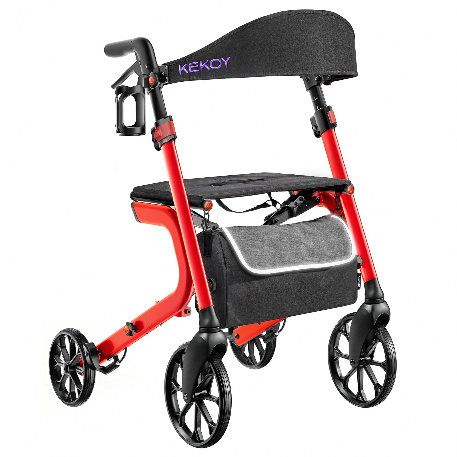 Kekoy Deambulatore per Anziani 4 Ruote con Seduta, Pieghevole, 181 kg Portata, Sedile 44 cm Largo, Ruote 25 cm Per Tutti I Terreni, Altezza Regolabile, Freni con Cavi Nascosti, Portaoggetti, Rosso