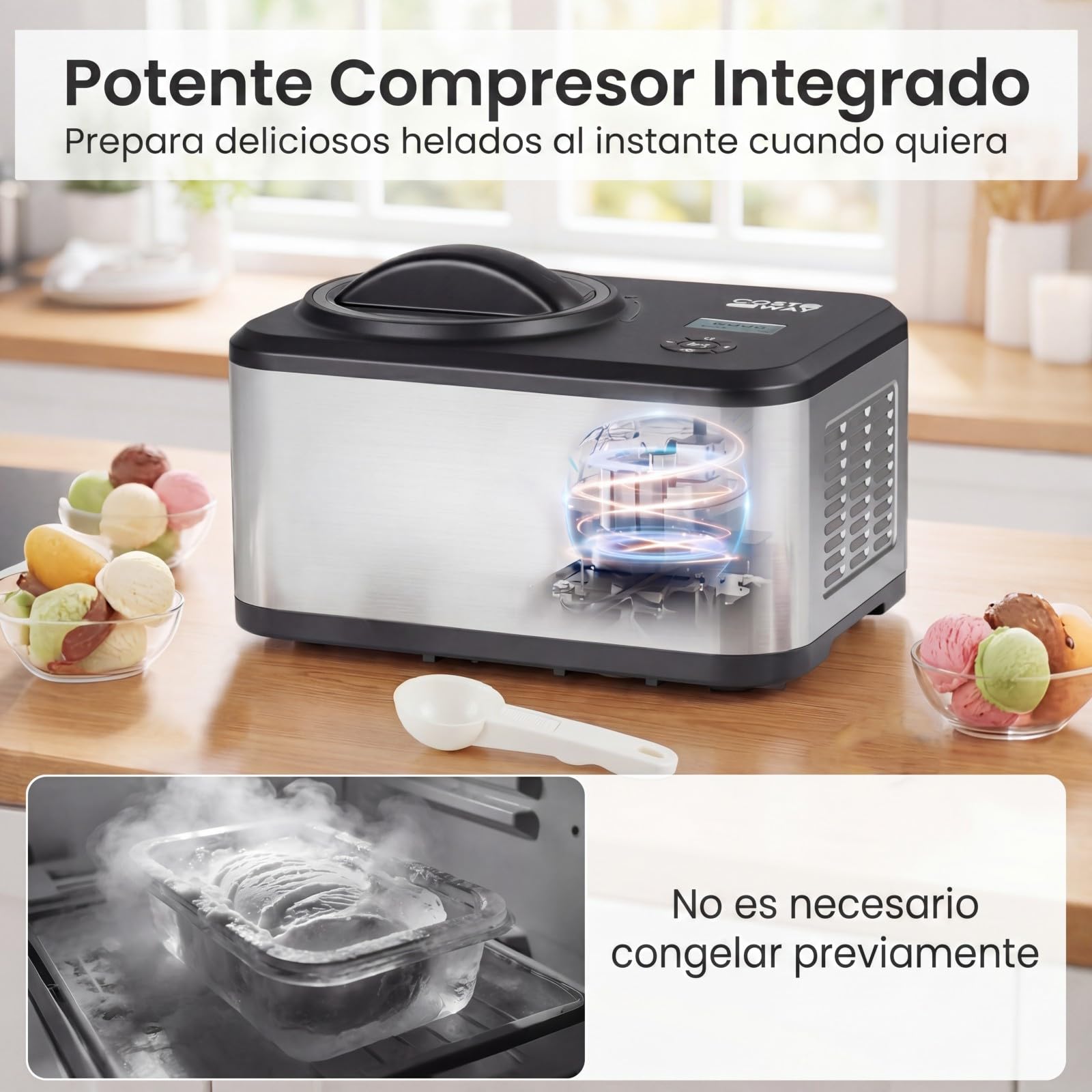 COSTWAY Máquina de Helados 1,5 L, Heladera de Acero Inoxidable Casera con Compresor Integrado, 4 Modos, Pantalla LCD, Función Temporizador, Máquina para Hacer Helado Gelato Sorbete Yogur para Hogar
