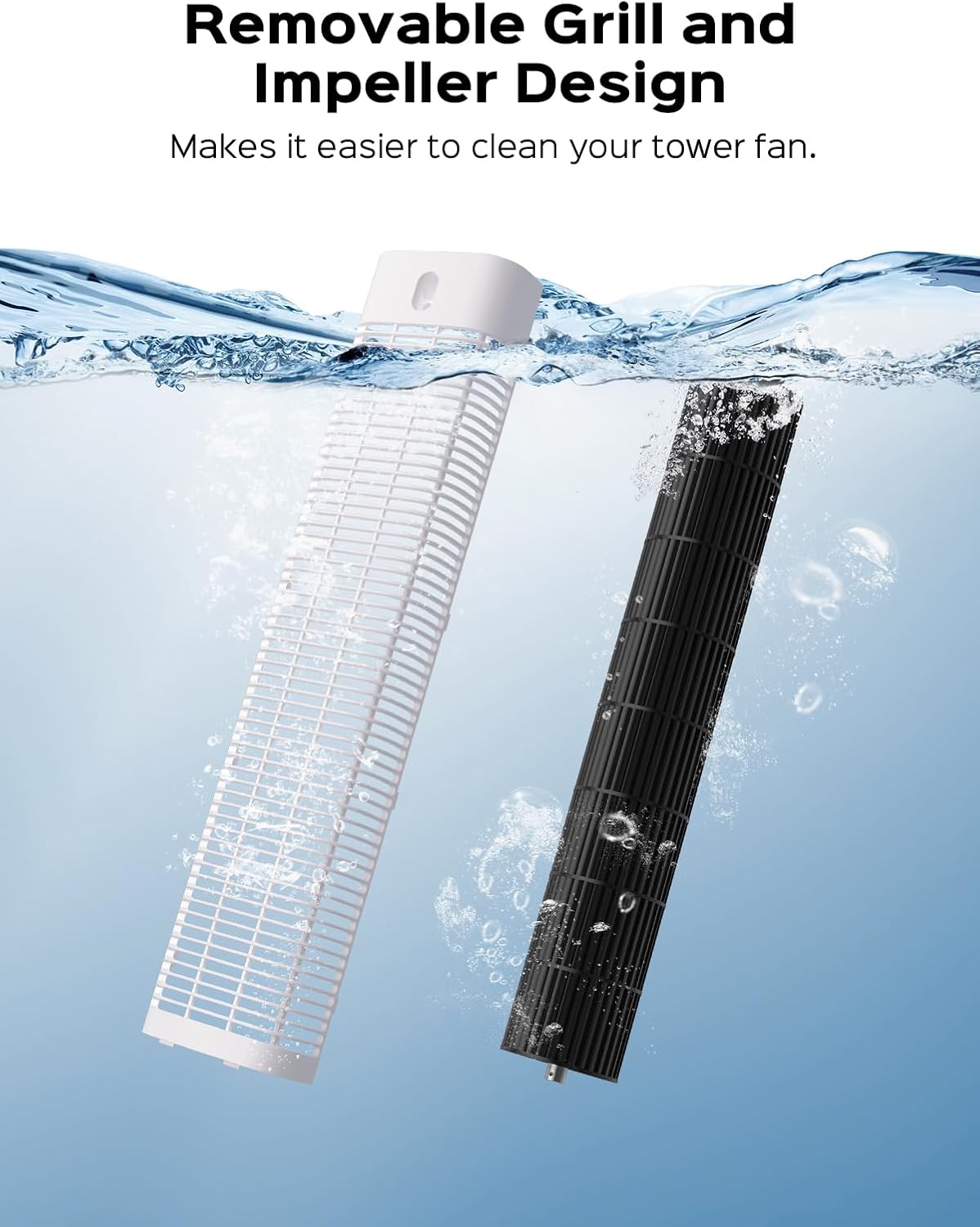 Ezify Tower Fan control panel displaying icons for 4 operating modes and 6 speed settings.