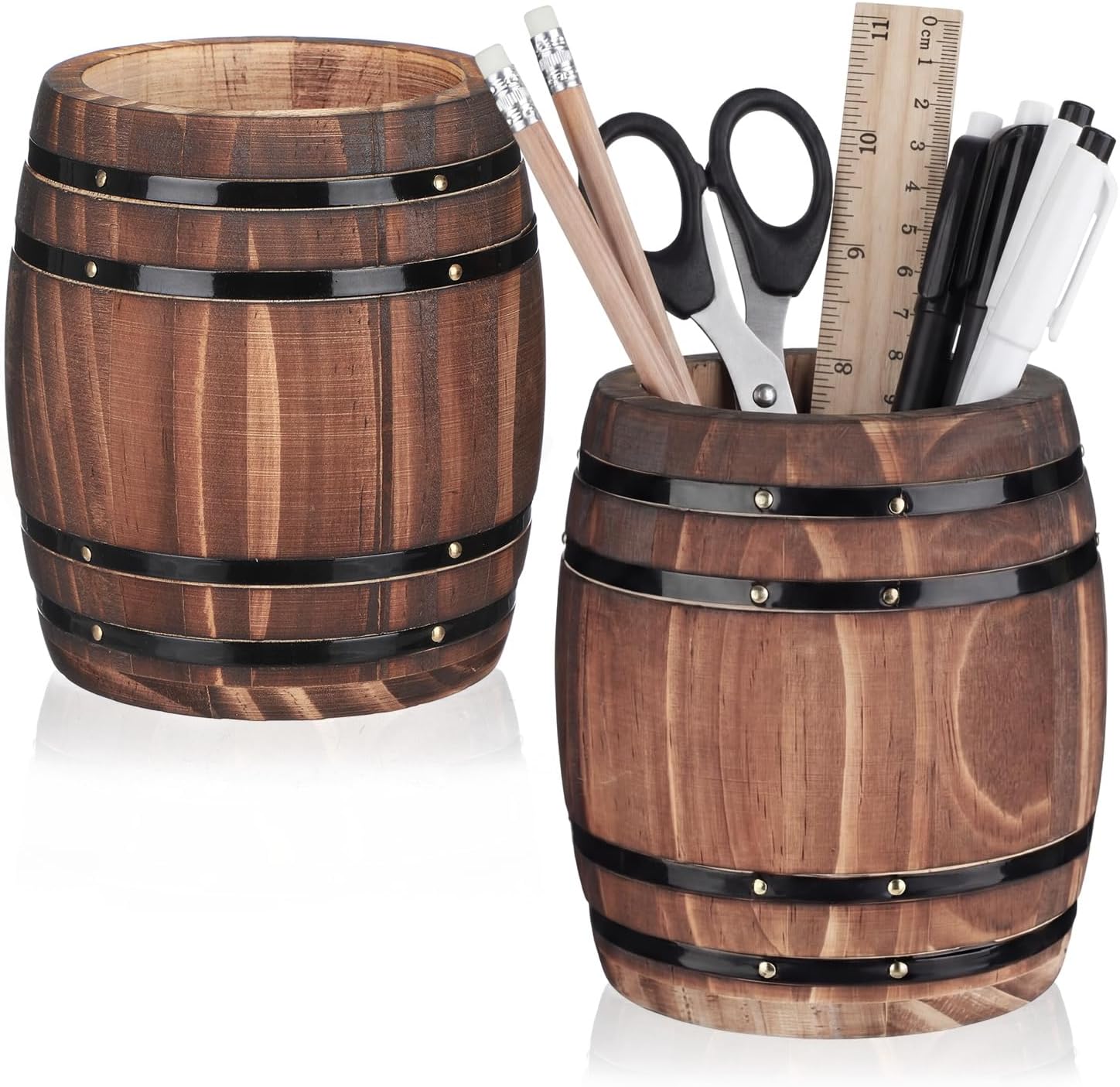 Wine Barrel Pen & Pencil Holders Accessories Wooden Desktop Pencil Holder Containers Farmhouse Stationery Organizer Stand for Office Table Desk Accessory (2 Pcs)
