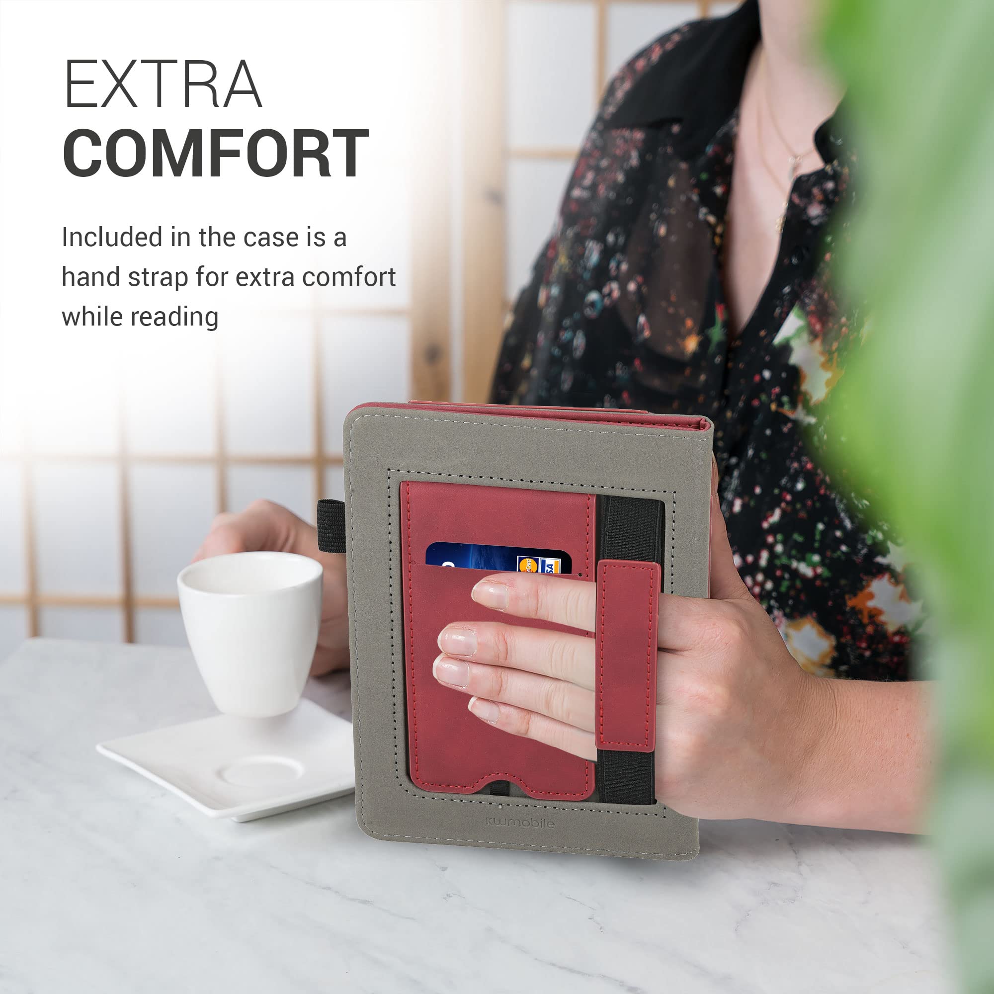 kwmobile Etui kompatybilne z Amazon Kindle Paperwhite - Syntetyczna skóra nubukowa z zapięciem na magnes, podpórka, pasek na rękę, otwór na kartę - szczotkowane serce ciemnoczerwony