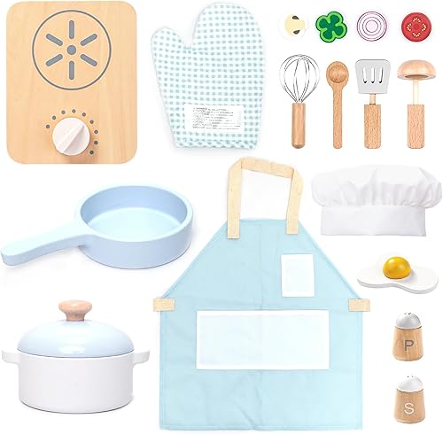 UMU® Juego de cocina de madera para niños, juguete de cocina de 18 piezas con ollas, sartenes, comida de juego, utensilios, delantal y sombrero de
