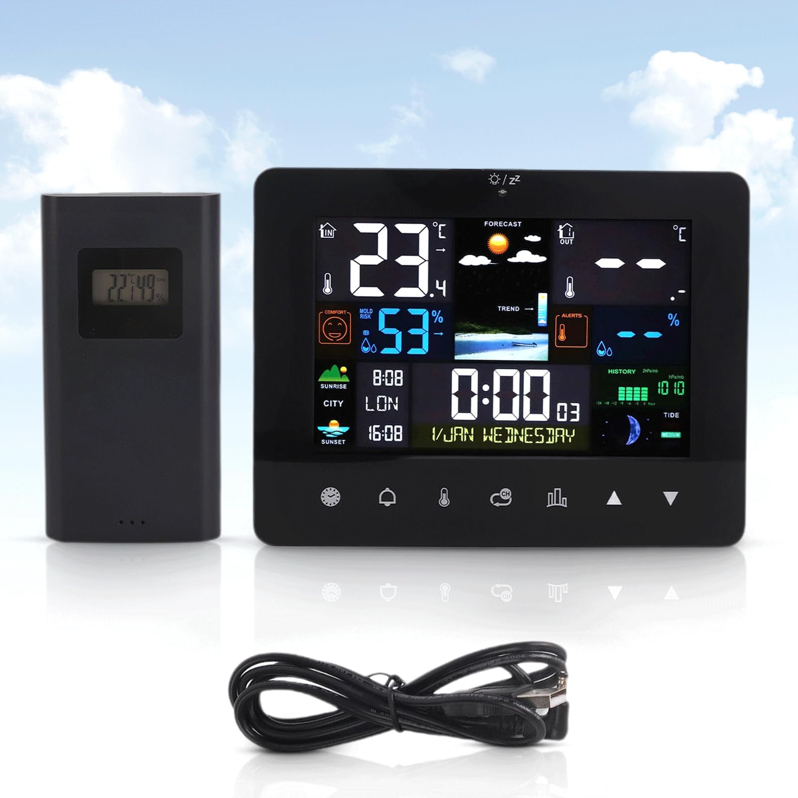 Digital Weather Forecast Station, Colorful Wireless Weather Forecast Station, ABS Time Date Week Moon Phase Calendar Digital Weather Forecast Station for Indoor