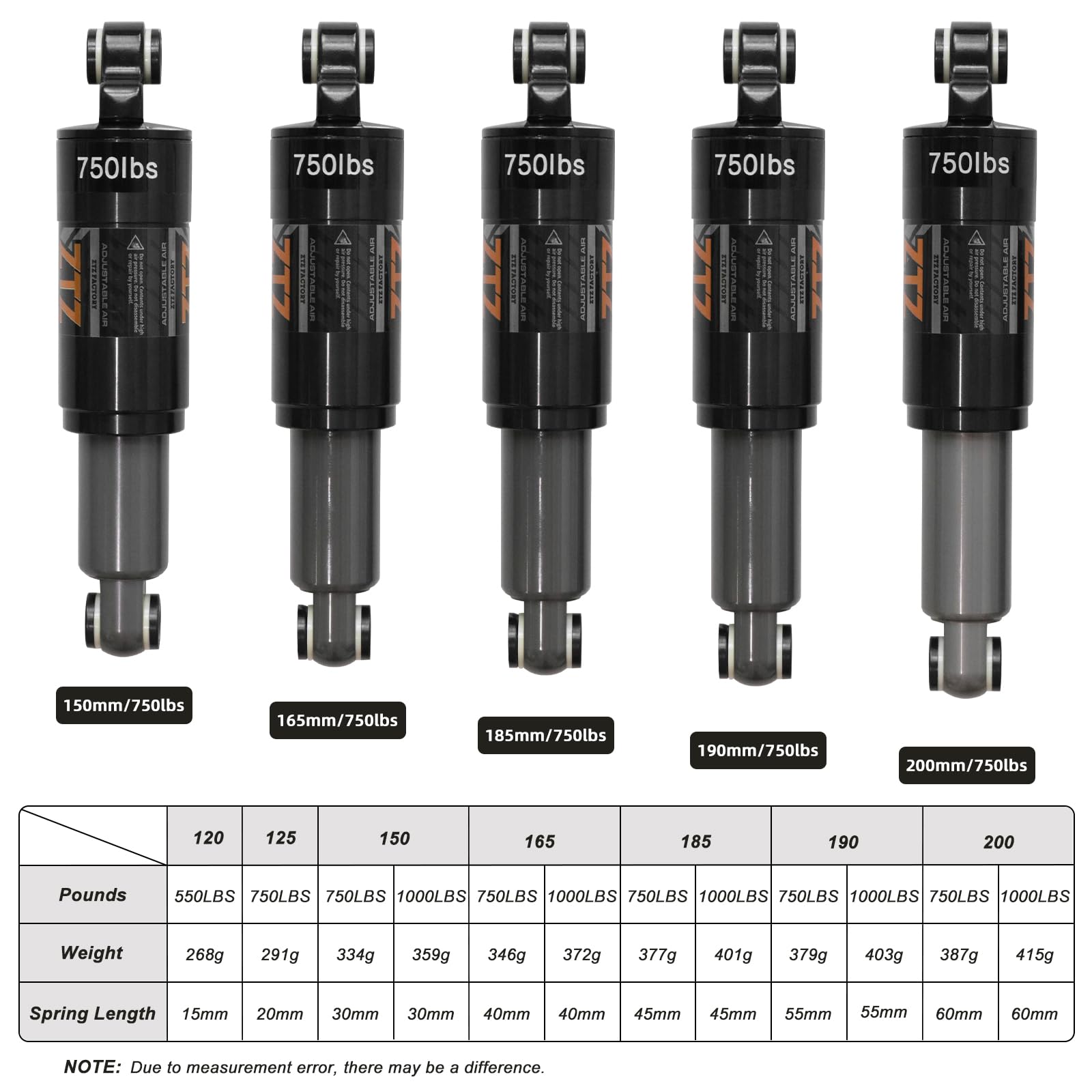 MTB Rear Shock Absorber 120/125/150/165/185/190/200mm, Bicycle Rear Suspension for MTB, Mountain Touring Bike,Downhill Bike, Electric Scooter (165MM, 750LBS)