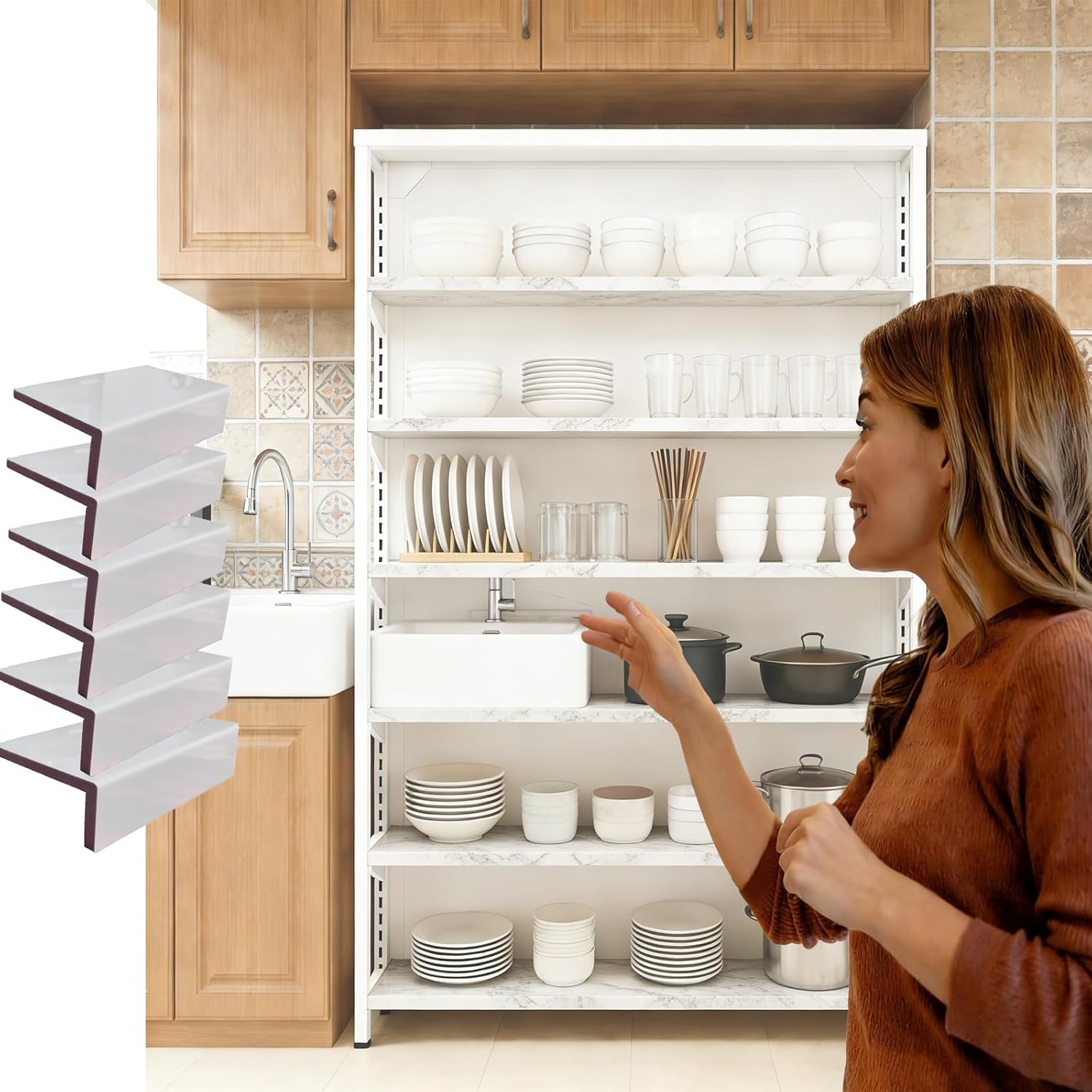 21x9in Wire Shelf Covers,6Pcs Faux Wood S helf Covers,for Removable Closet (Not Wood) 0.35-inch Thick Not Require Assembly,Easy to Clean,for Bathroom Kitchen Shelving Decoration,Jazz White