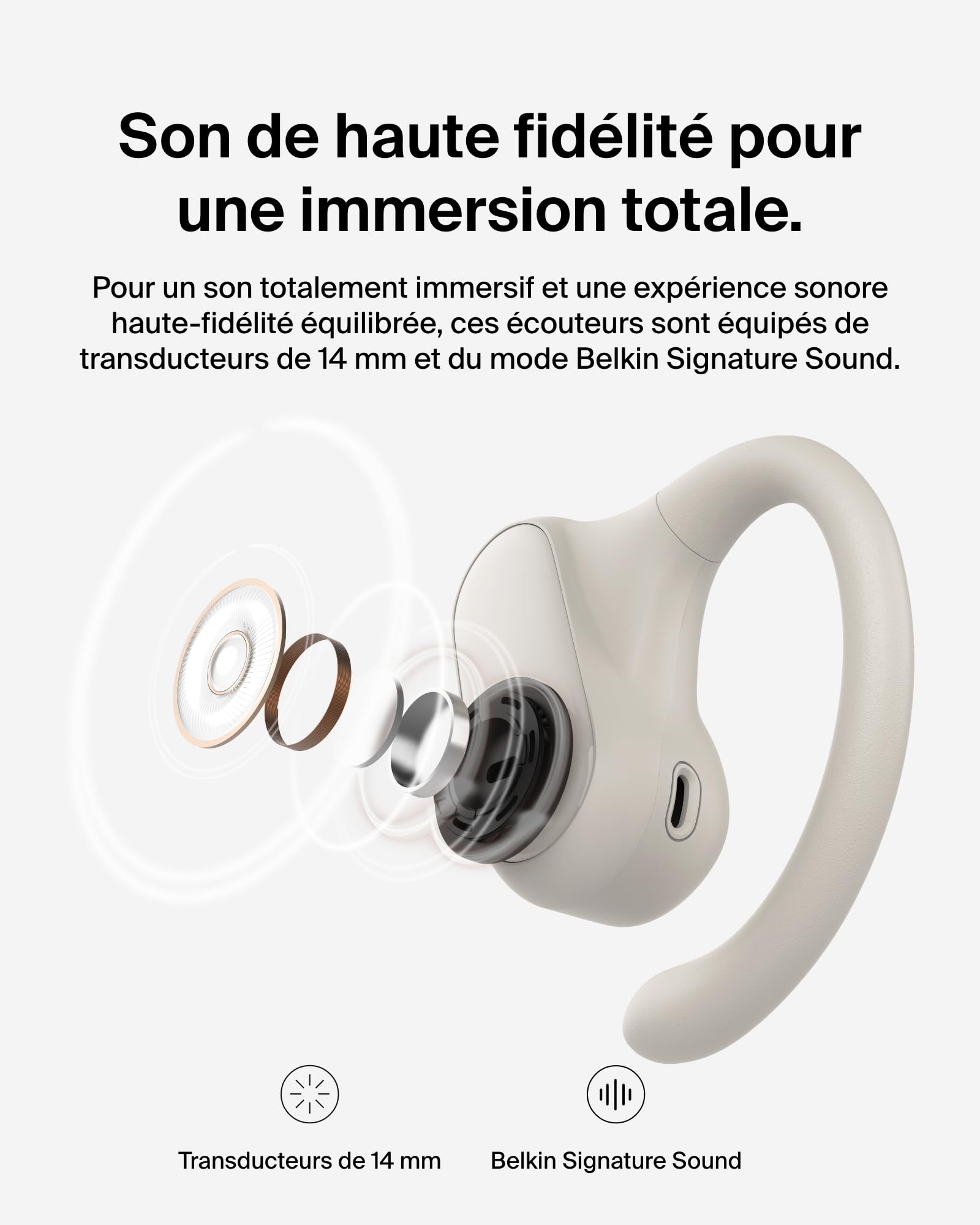 Belkin SoundForm ClearFit Écouteurs Oreilles Libres Sans Fil (écouteurs légers et confortables, indice d'étanchéité IPX5, écouteurs Bluetooth sans fil pour randonnée, vélo, course à pied, etc) - beige