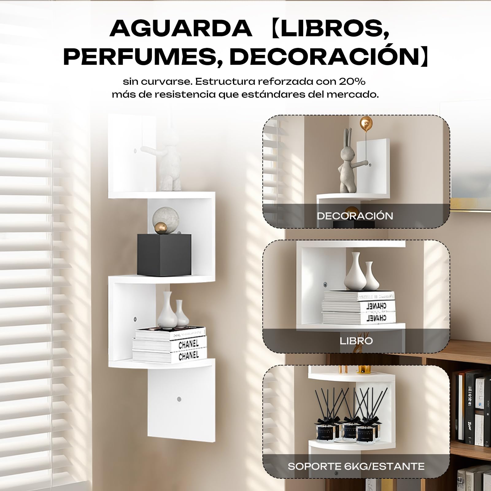 Estantería de Esquina para Pared 20x20cm - Organizador Esquinero para Dormitorio, Baño, Salón con 6kg de Carga, Montaje Rápido, Decoración Moderna de Rinconera (Blanco, 3 Niveles)