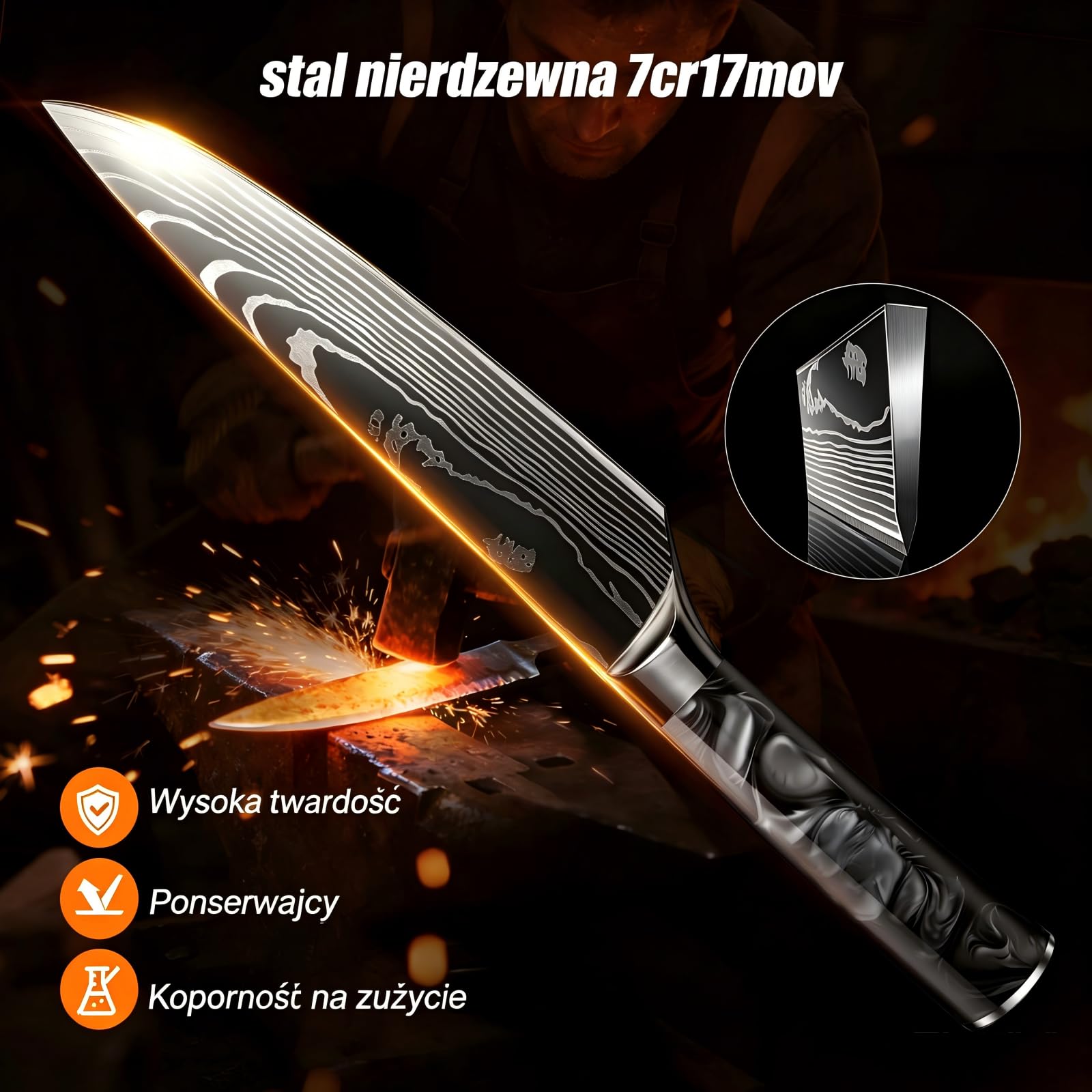 Zestaw noży FIVE COWS, 10 elementów, rękojeść z żywicy, zestaw noży kuchennych z nożem szefa kuchni, nożem do chleba, nożem santoku, nożem do obierania, wzorem damasceńskim (Czarny)