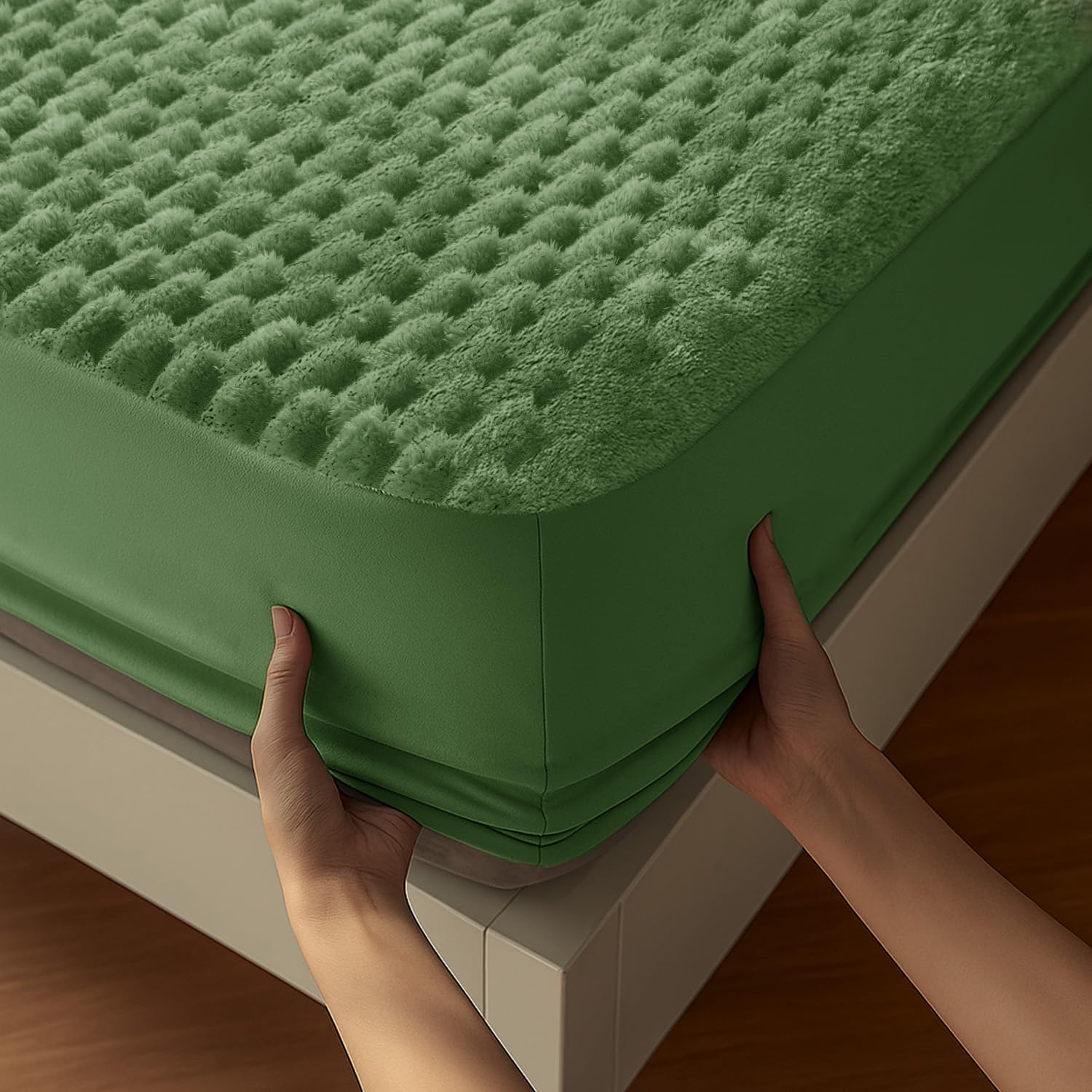 Velosso Chunky Thermal Popcorn Faux Fur Fitted Sheet, Plush Extra Deep 40cm Pocket, Teddy Cosy Elasticated Corners, Flannel Feel Touch (Olive, Super King)