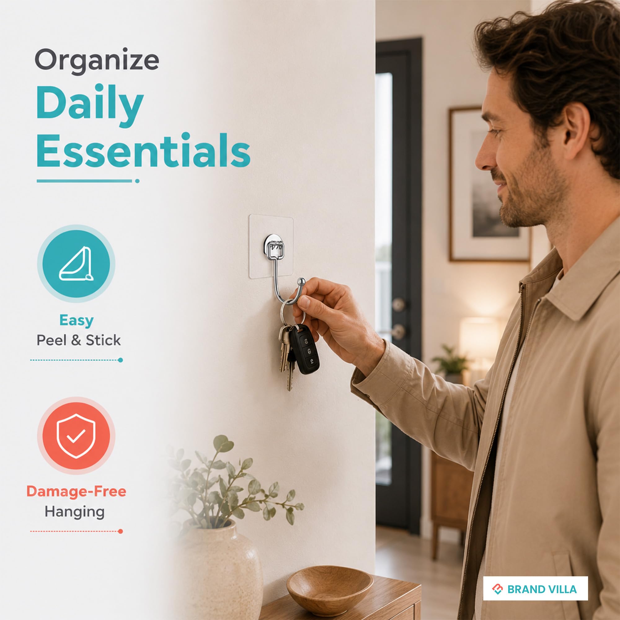 BRAND VILLA Adhesive Wall Hooks - 20 Pack -3 BRAND VILLA Adhesive Wall Hooks - 20 Pack -3