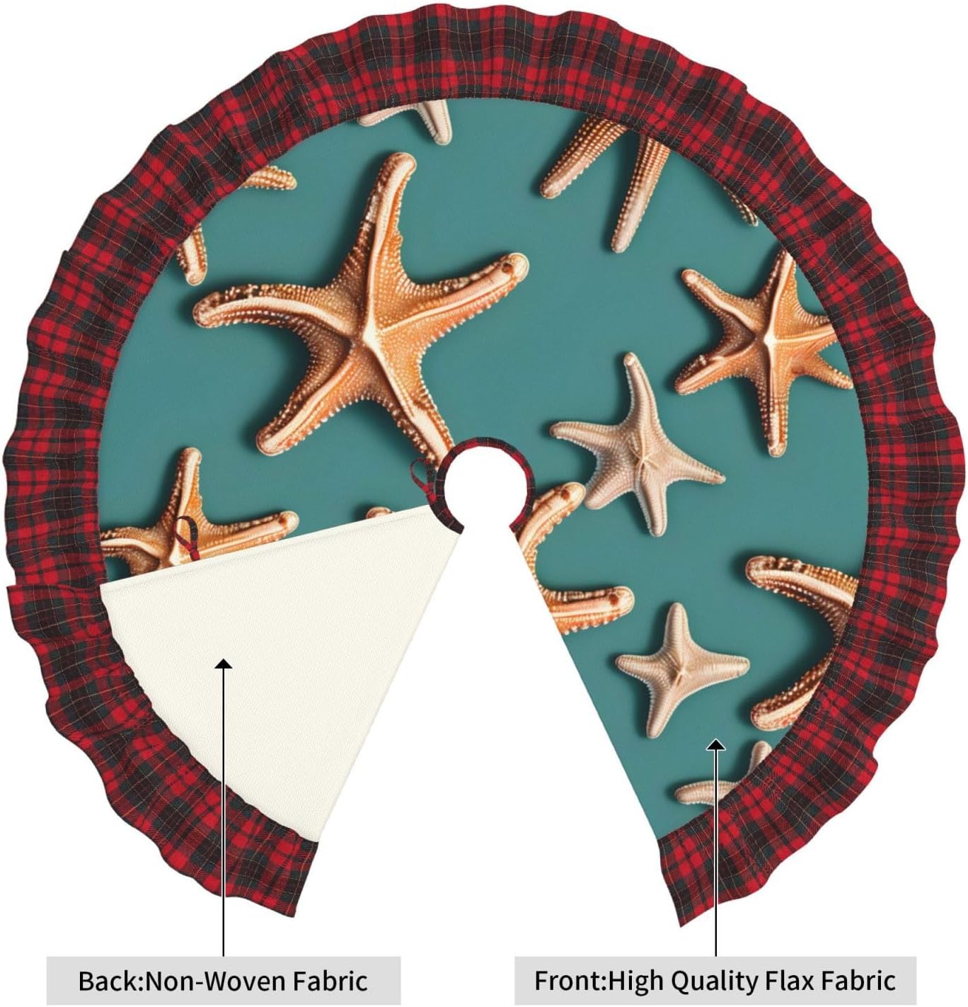 Sea Shell Starfish 36 Inches Christmas Tree Skirt with Red and Black Plaid Border Tree Skirt Decor for Xmas Decorations