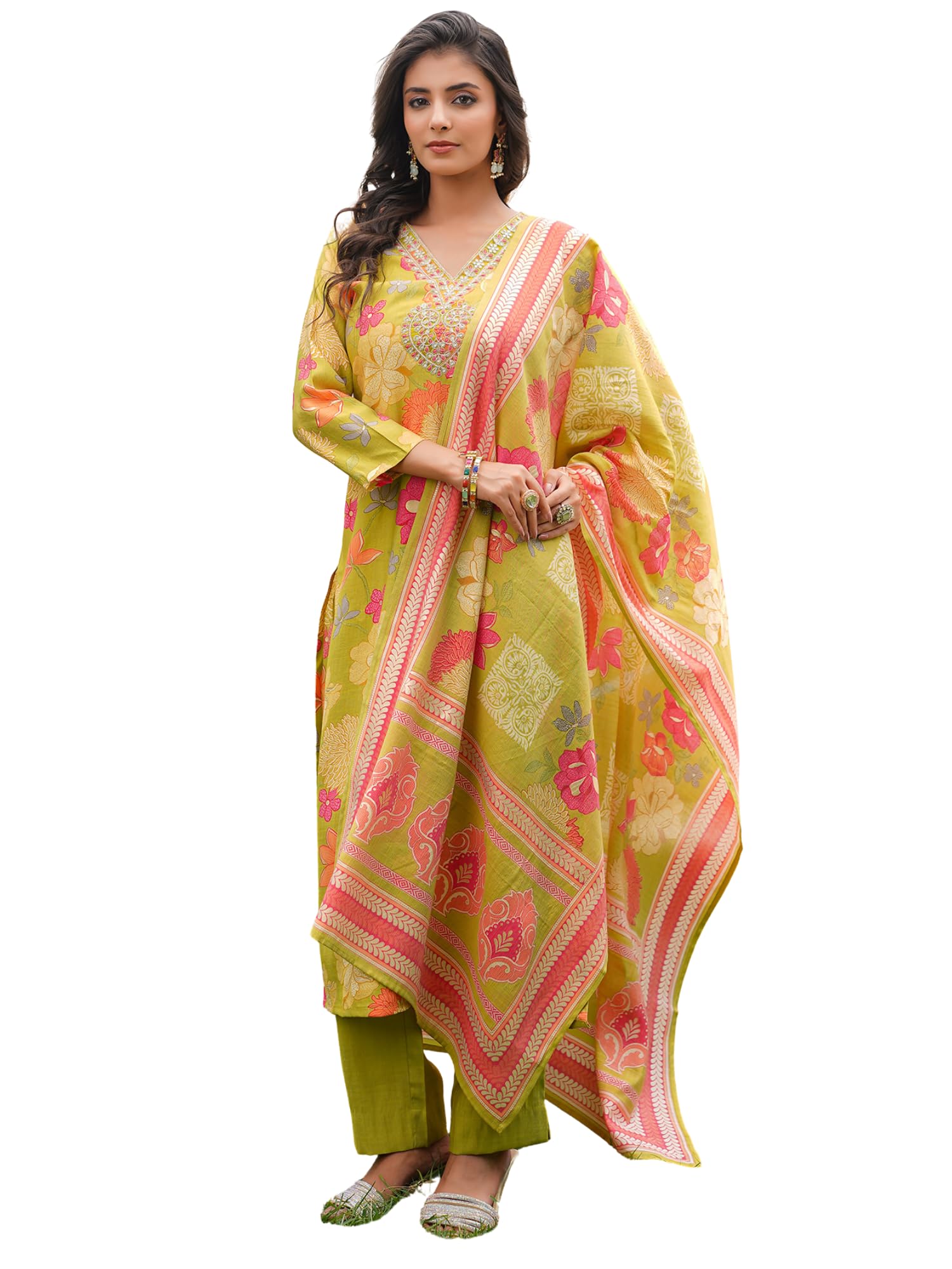 Women's Lime Green Viscose Rayon Embroidered Straight Floral Kurta Trousers With Dupatta Sets | Daily Straight Kurta Set For Women | Embroidered Salwar Suit For Womens-image-47