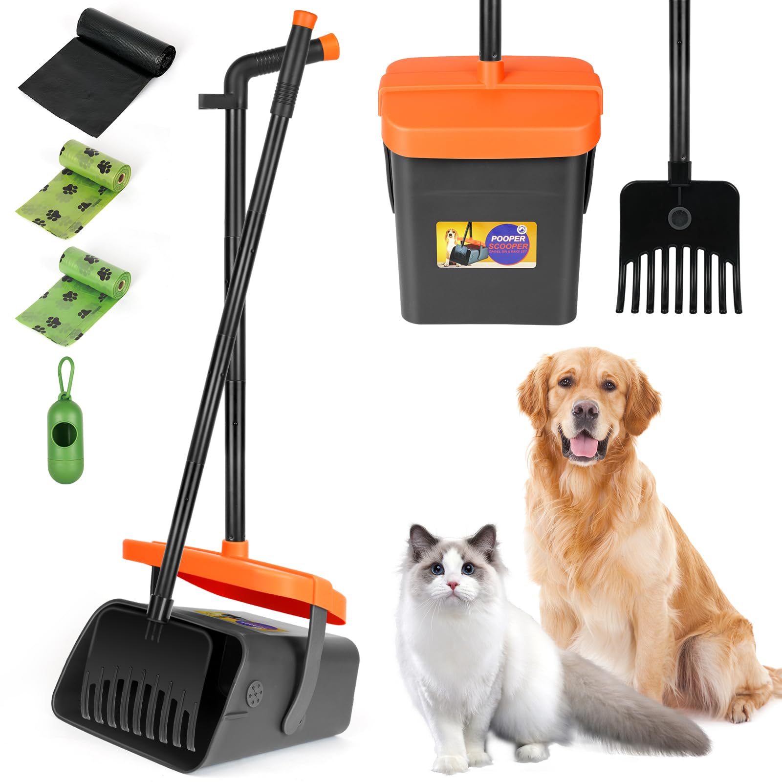 Paletta Raccogli Cacca Cani, 46" Telescopico Paletta Raccogli Cacca Cane Set, Pattumiera Girevole con rastrello, Paletta Raccogli Feci per Cani con Manico Lungo per Giardino Ghiaia