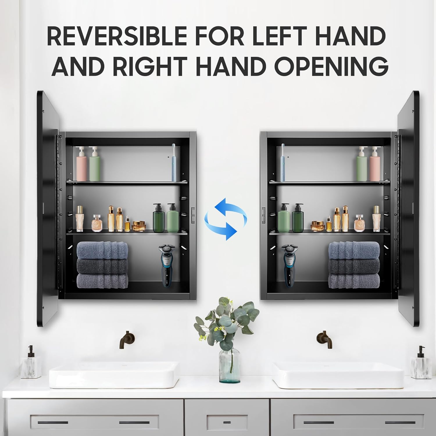 Medicine Cabinet with Mirror, 16x22 inch Black Recessed Medicine Cabinet or Surface Wall Mount Bathroom Cabinets with Adjustable Shelves Metal Framed Mirror, Rounded Rectangle Storage Cabinet