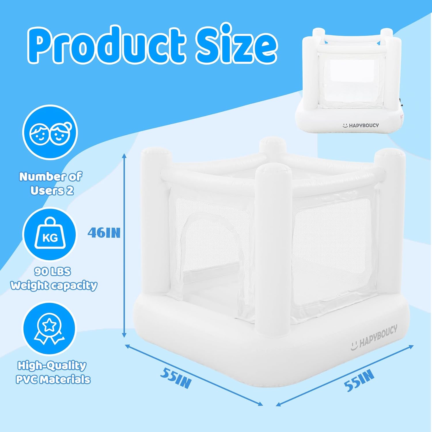 Indoor Bounce House for Toddlers 1-3, Noiseless Small Bouncy House, PVC Materials, Mini Bouncy Castle for Indoor Outdoor Use, 55in Lx55in Wx45in H, White Bounce House with Built-in Blower, Nice Gift
