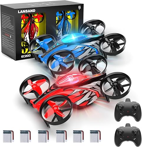 LANSAND Paquete de 2 mini drones con 6 baterías para niños principiantes adultos drones RC cuadricóptero con modo de carrera y vuelo 2 en 1 luz LED