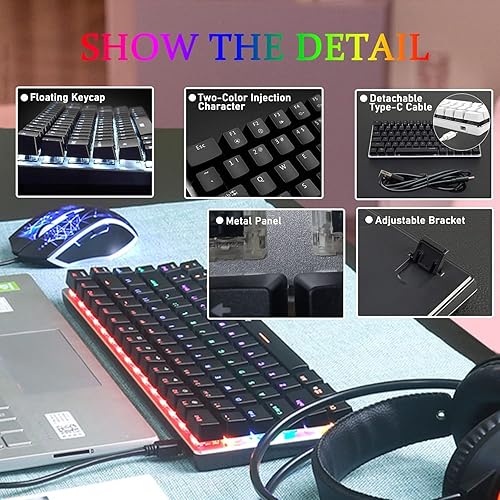 Miniatura 4 de LexonElec AK33 - Teclado mecánico RGB para juegos, 82 teclas, mini teclado compacto para computadora, 20 LED, retroiluminado, negro, teclado
