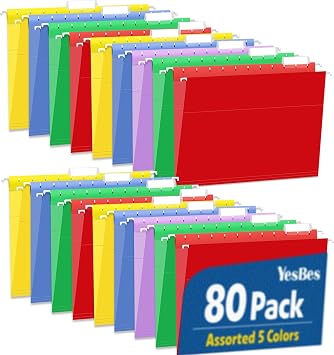 80 Pack Hanging File Folders, Colored Hanging File Folders Letter Size with 1/5 Cut Adjustable Tabs, File Cabinet Folders for Office, School, Home